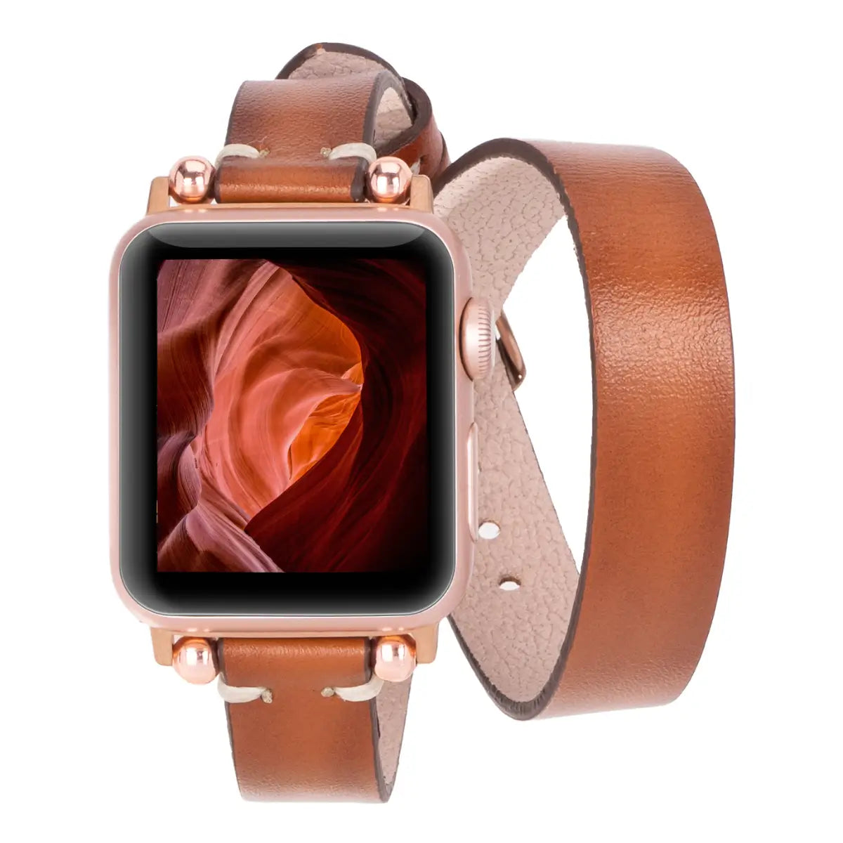 Genuine Brown Leather Double Tour Slim Strap for Apple Watch - Stylish & Comfortable Replacement Band for Work, Travel & Everyday Wear