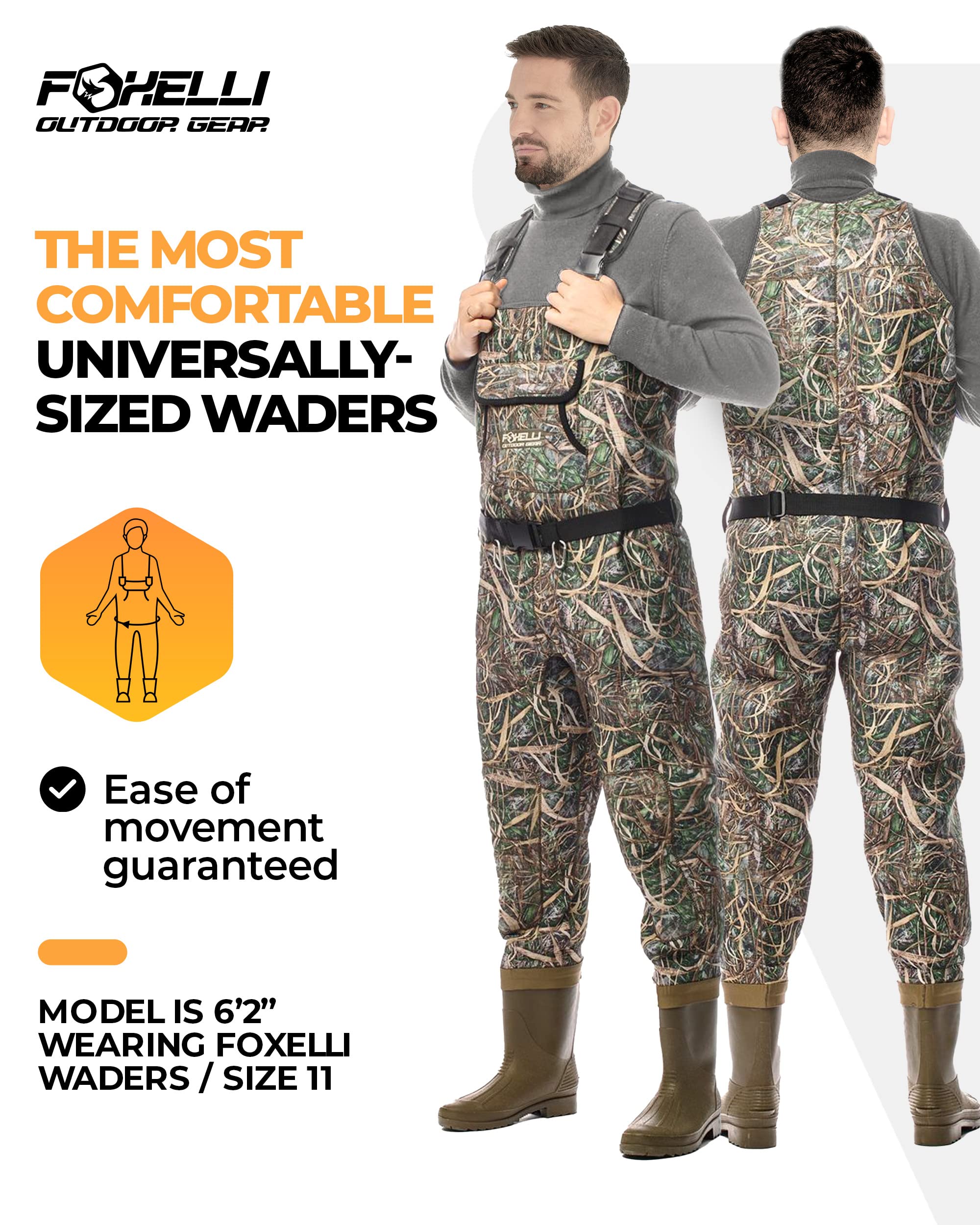 Foxelli 4mm Neoprene Chest Waders for Men & Women - Waterproof Fishing & Hunting Waders with Boots - Ideal for Fly Fishing, Duck Hunting & Outdoor Adventures