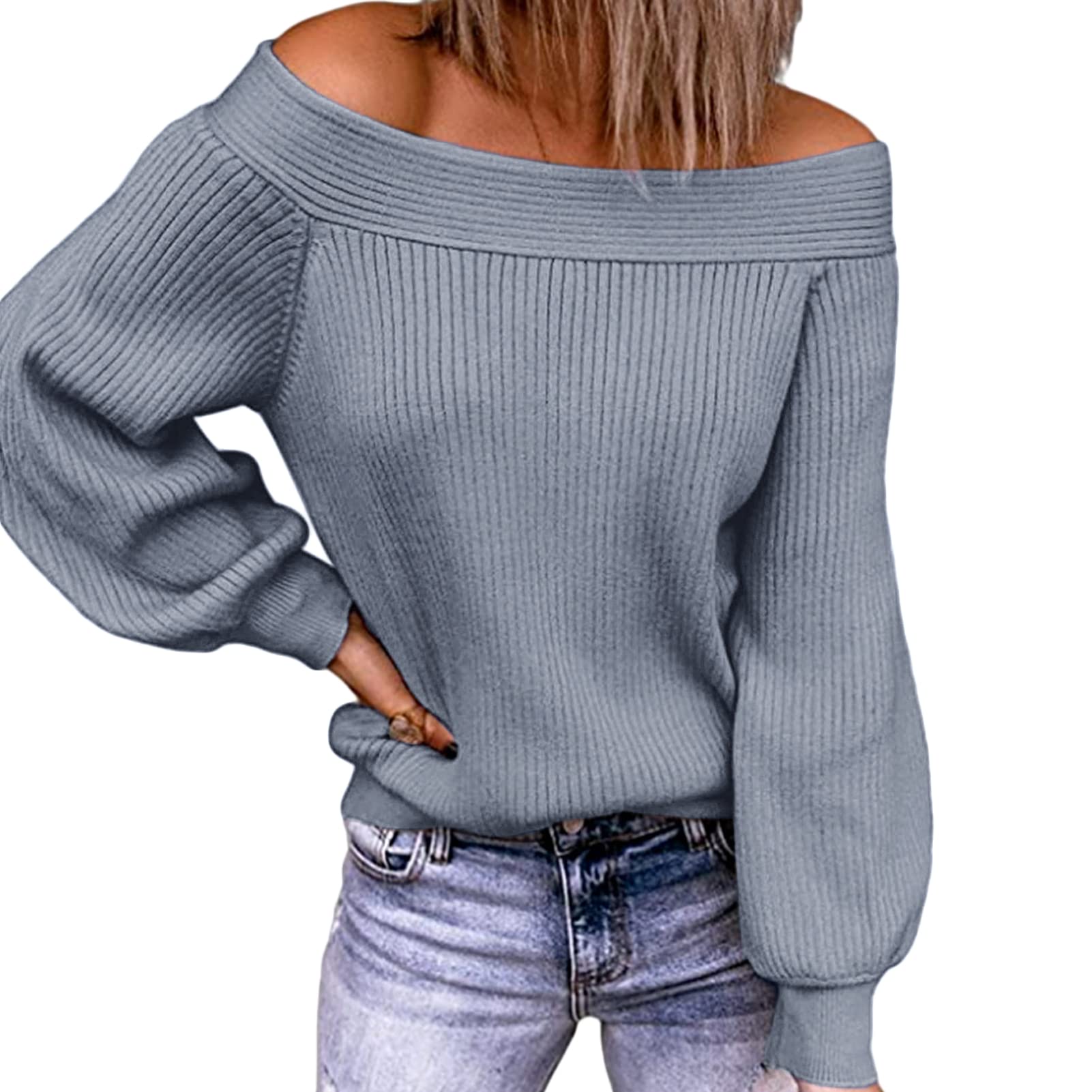 Women's Off Shoulder Sweater - Long Sleeve Loose Batwing Pullover Knit Jumper - Oversized Waffle Tunic Top for Casual Wear, Date Night & Fall Layering