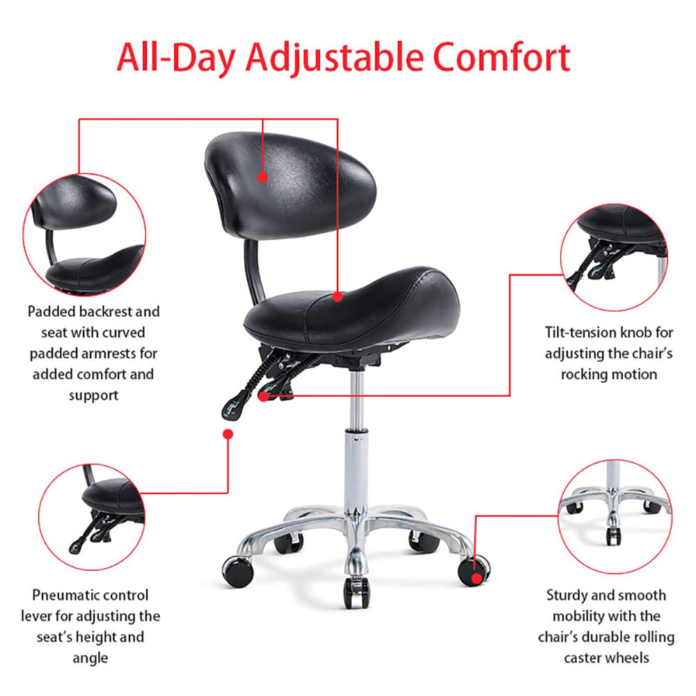 Ergonomic Rolling Saddle Stool with Back Support - Adjustable Salon Stool for Tattoo Artists, Estheticians, Dentists & Spa Professionals (Black) - Perfect for Facial Treatments, Lash Extensions & Clinic Use