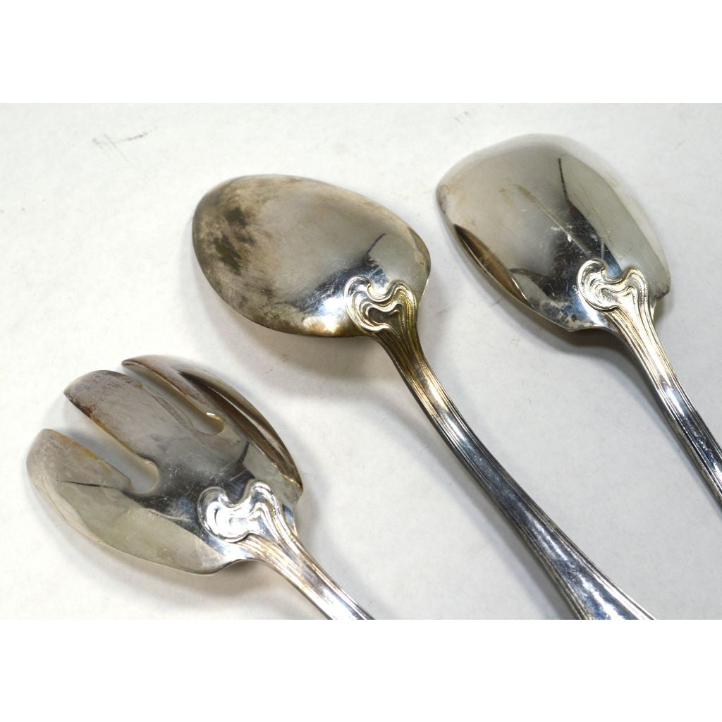 Vintage ERCUIS Silver Plated Flatware Set of 3 Salad/Serving Spoons with Wave Pattern - Perfect for Fine Dining, Wedding Gifts & Antique Collectors