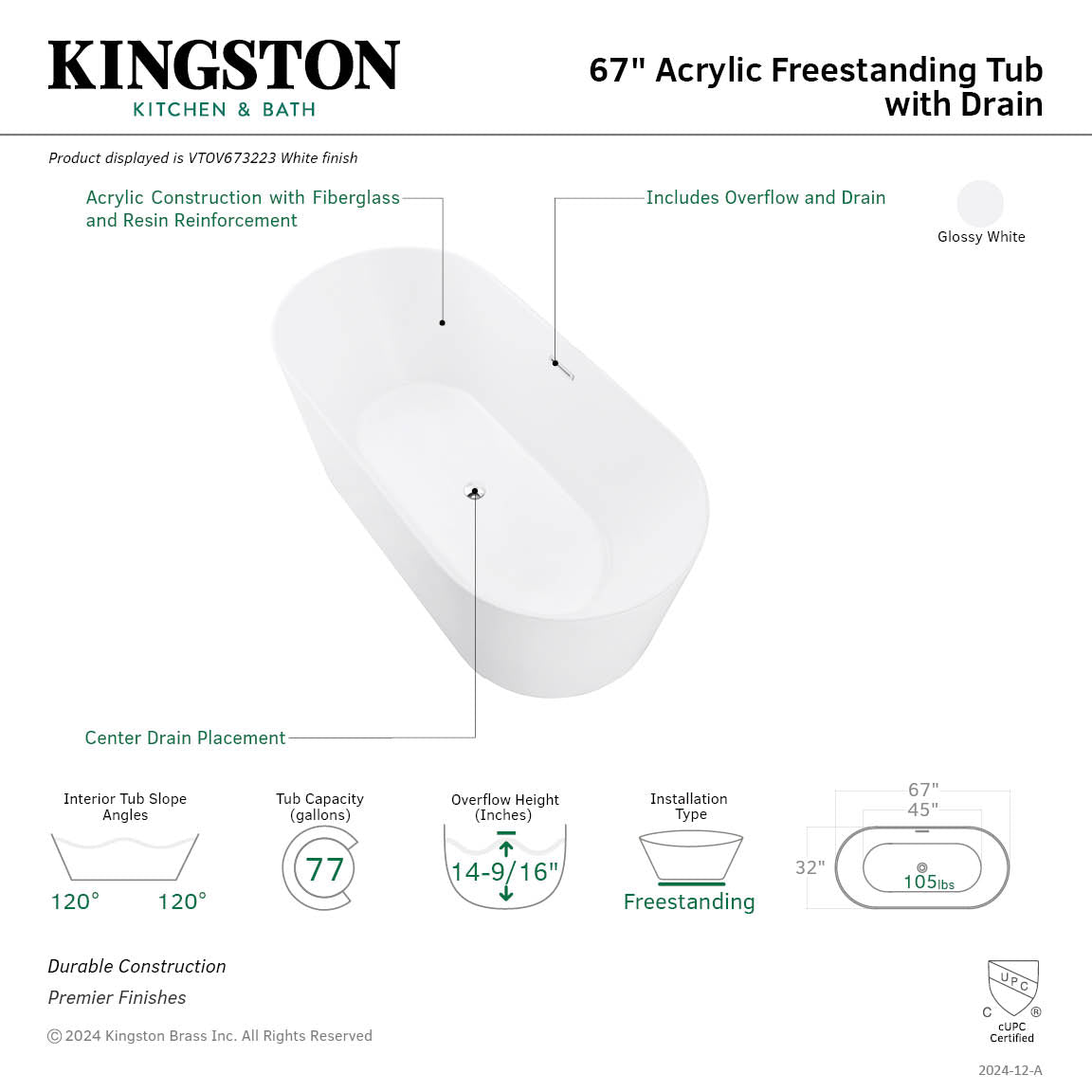 Aqua Eden 67-Inch Freestanding Acrylic Oval Bathtub - Glossy White Double-Ended Soaking Tub with Drain - Perfect for Luxury Bathrooms & Spa Retreats