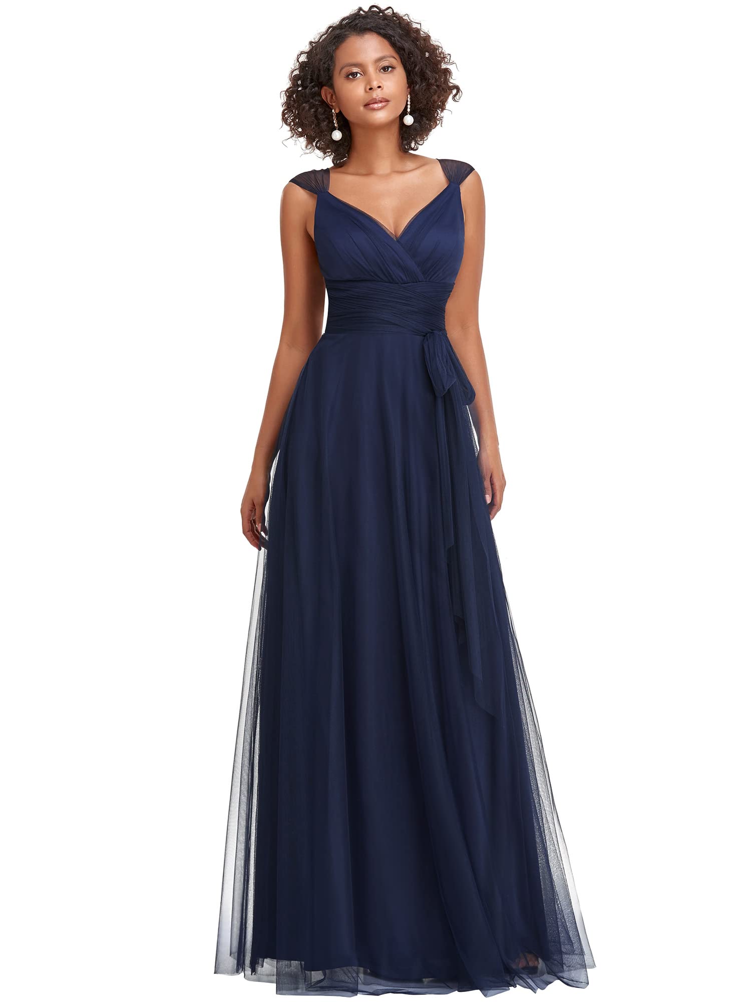 Ever-Pretty Women's Elegant V-Neck Sash Waist A-Line Maxi Tulle Wrap Dress - Formal Bridesmaid Dresses for Weddings, Prom & Special Occasions (Style 07303) | USA Sizing