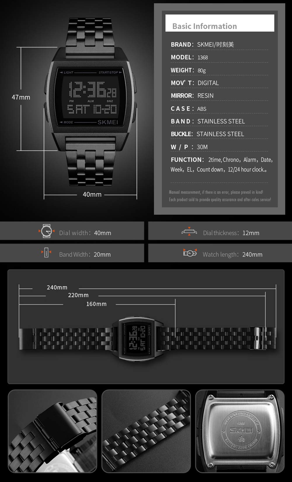 Gosasa Digital Military Sports Watch - Stainless Steel Strap, LED Display, Water Resistant Mens Wristwatch for Outdoor Activities, Running & Fitness Tracking
