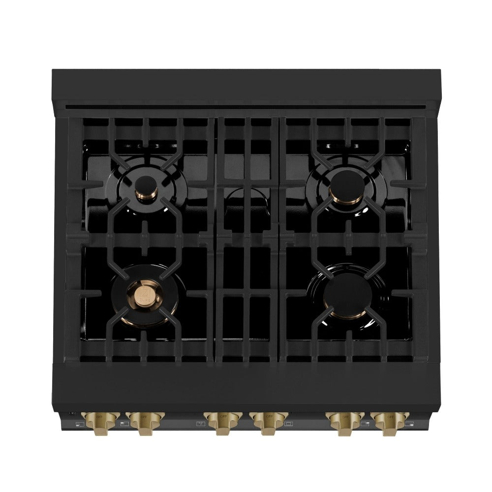 ZLINE Autograph Edition 30-inch 4.0 cu. ft. Dual Fuel Range with 4-Burner Gas Cooktop & Electric Convection Oven - Black Stainless Steel with Champagne Bronze Accents (RABZ 30 CB) - Perfect for Modern Kitchens, Home Chefs & Gourmet Cooking