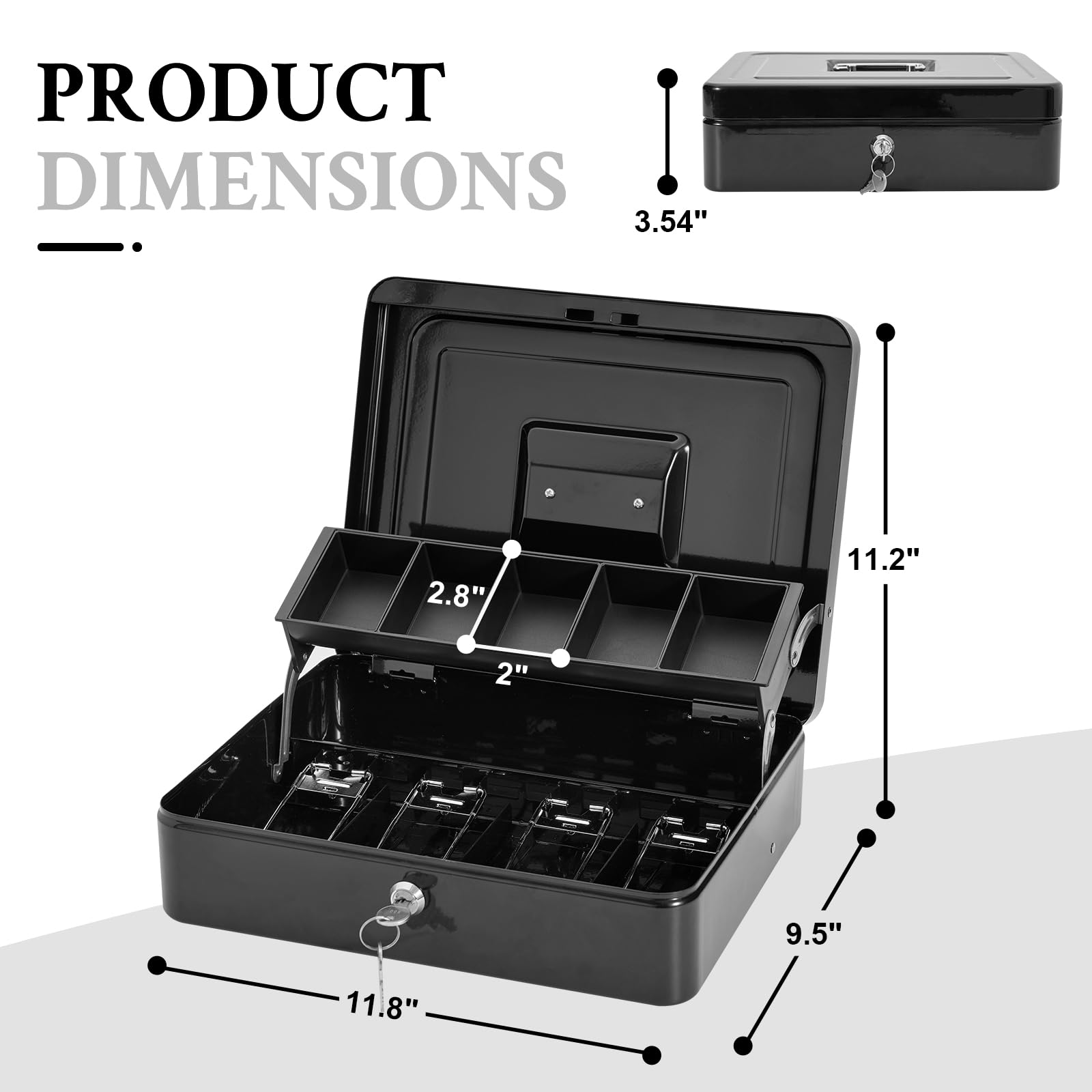 Secure Metal Cash Box with Lock & 2 Keys - Large Portable Money Safe with Cash Tray, 4 Bill/5 Coin Slots (11.8