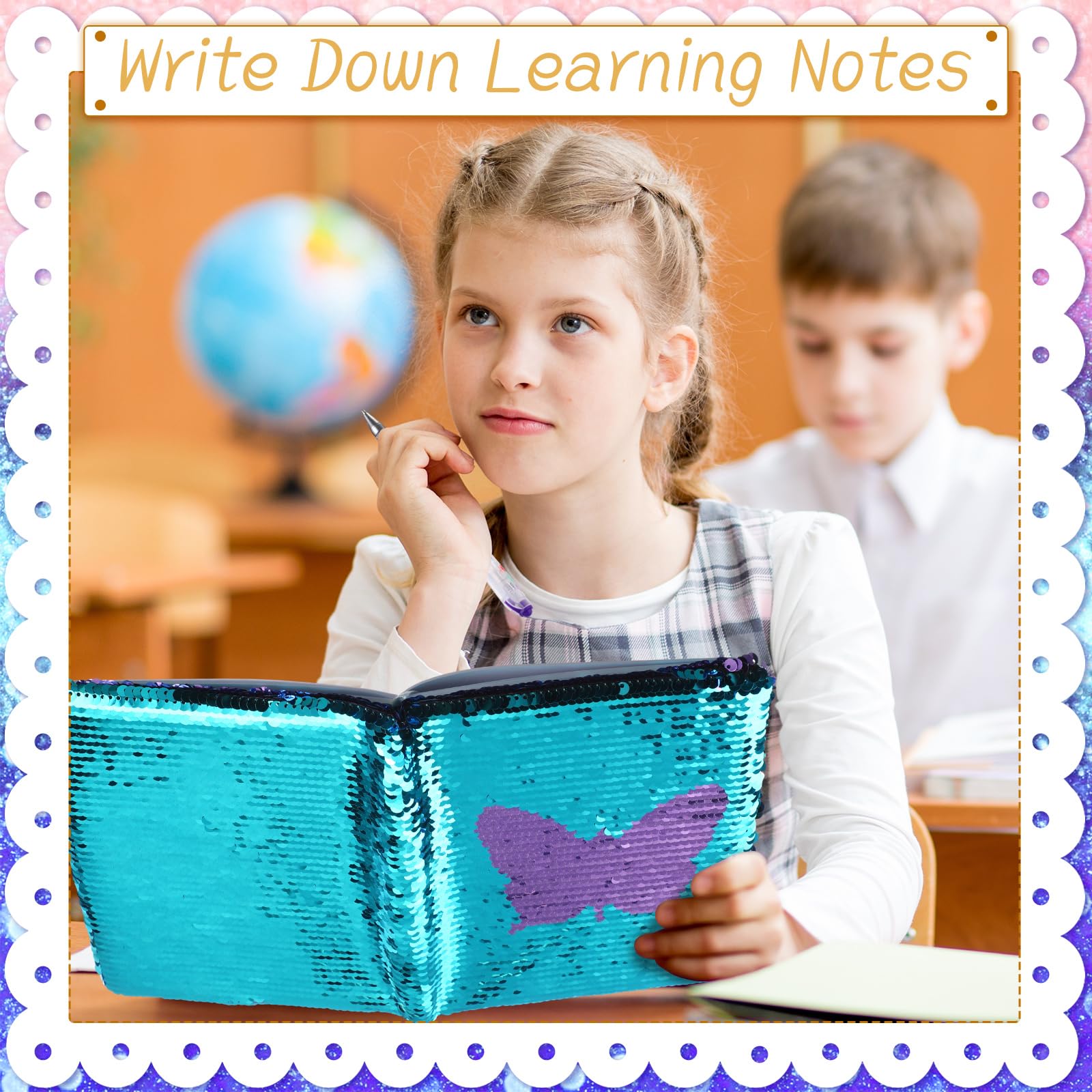 Outus 4-Piece Sequin Girls Journal Set with Reversible Diary, Glitter Notebook & Color Gel Pens - Perfect for Teens, Writing & Creative Gifts (Blue Purple Butterfly Design) - Great for School, Diary Keeping & Birthday Presents