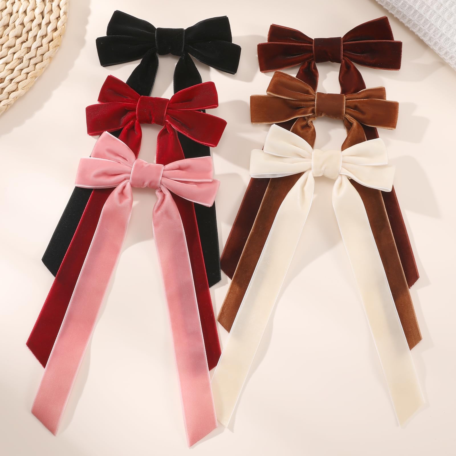 6PCS Velvet Hair Bows for Women & Girls - Long Tail Bow Hair Clips, Cute Hair Ribbon Barrettes & Ponytail Holders with Alligator Clips (Red) - Perfect for Parties, Weddings, School & Daily Fashion Accessories