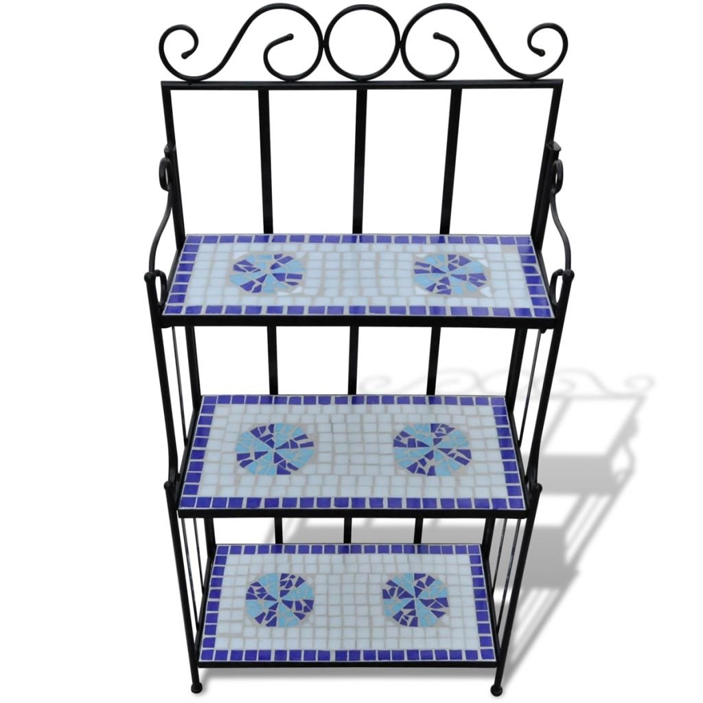 Tidyard Blue and White Iron Plant Stand with Ceramic Tile Shelves - 22.8
