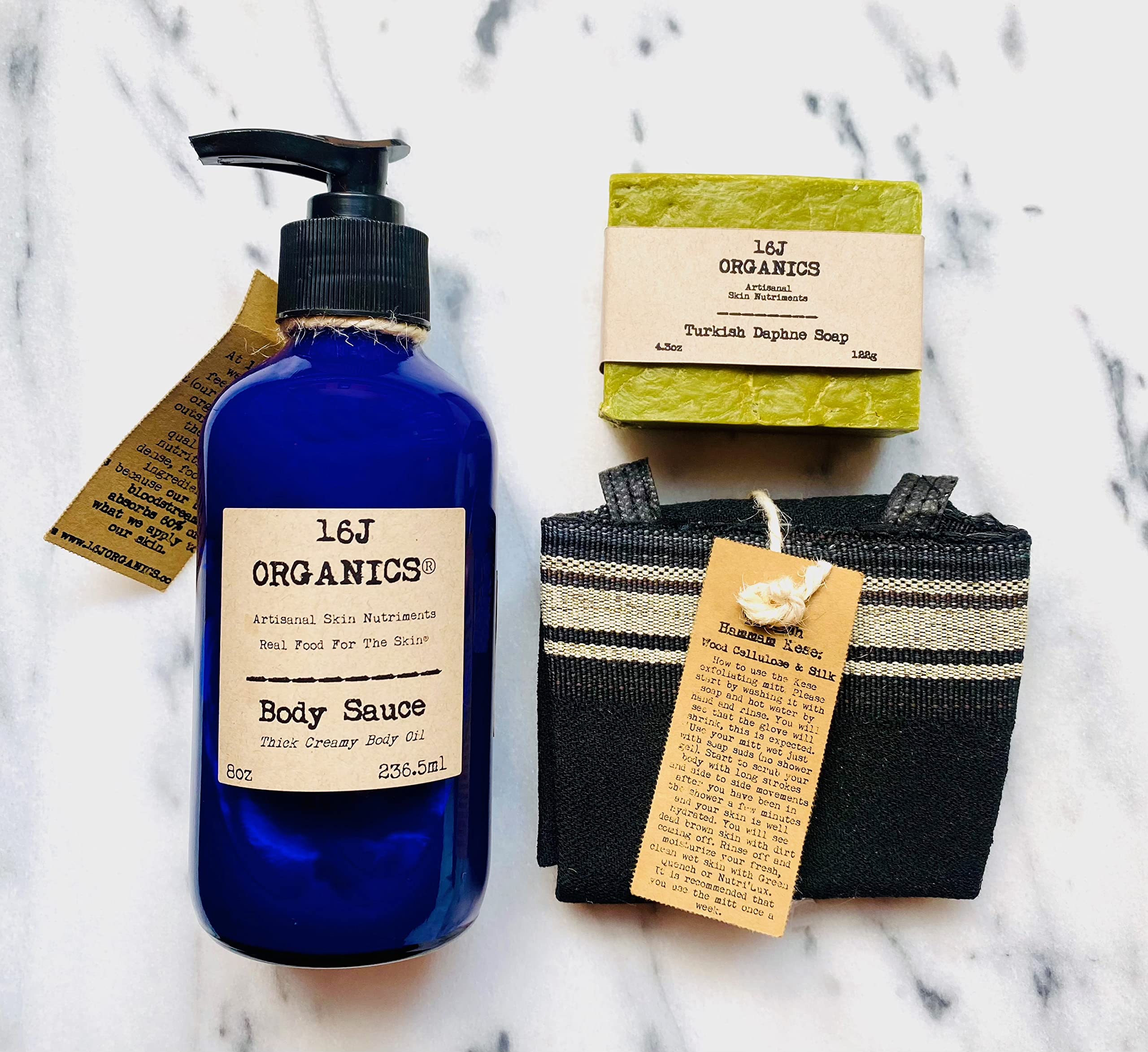 Organic 100% Natural Turkish Bath Spa Set - 8oz Hammam Body Sauce & Creamy Oil Moisturizer with Kese Scrub Mitt & Artisan Laurel Soap | Relaxing Body Care for Home Spa, Gift Sets & Self-Care Rituals