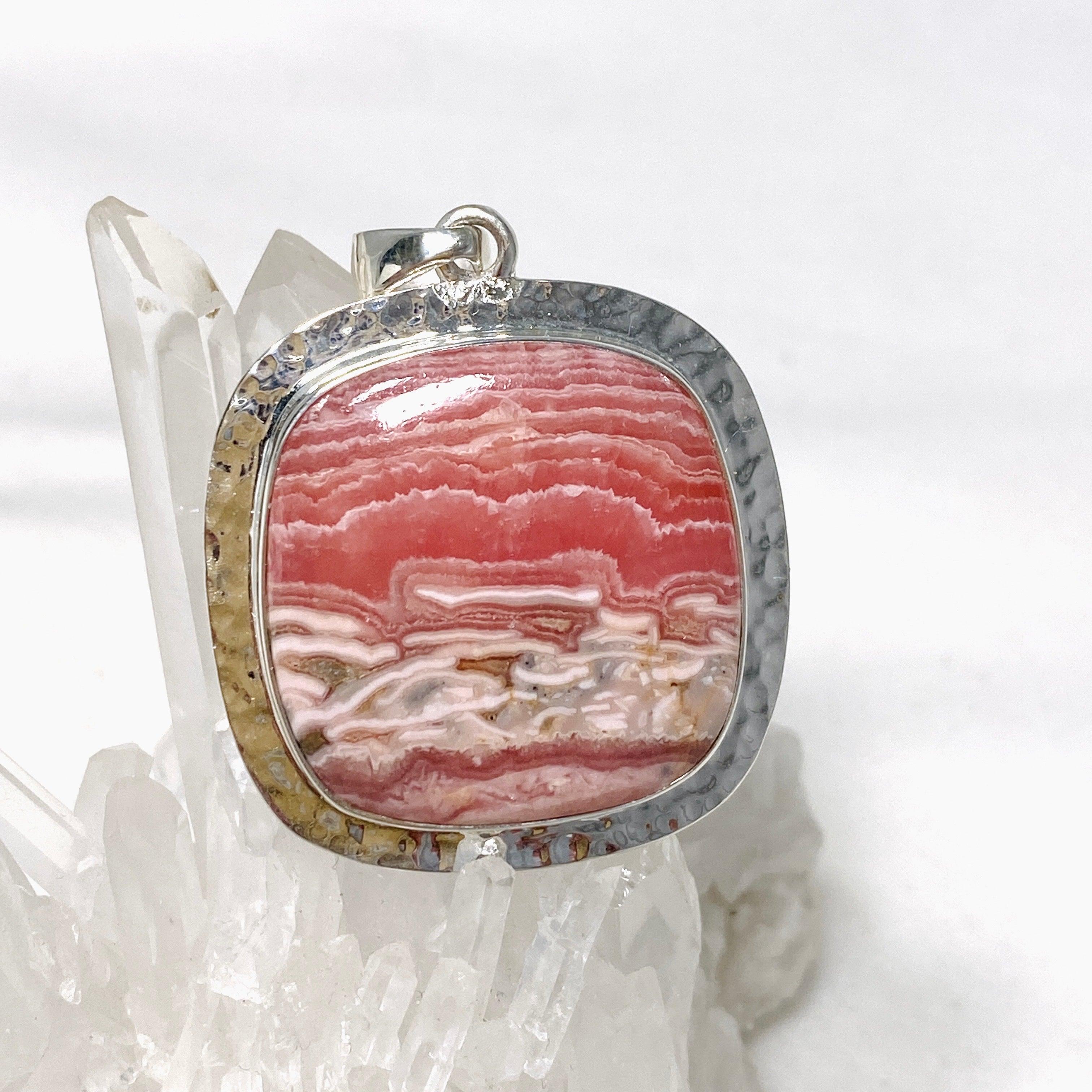 Rhodochrosite Square Pendant Necklace - Handcrafted Hammered Sterling Silver Jewelry KPGJ4322 | Perfect for Gifts, Weddings & Special Occasions