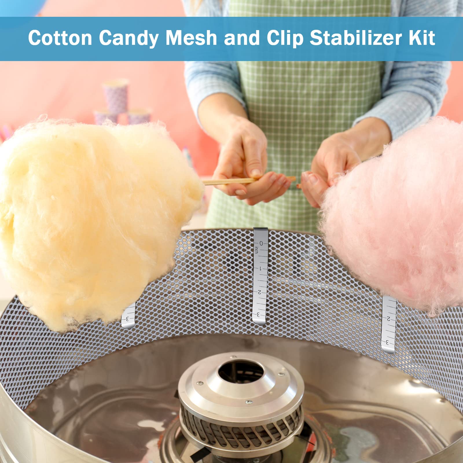 Cotton Candy Machine Stabilizer Kit - 4 Stainless Steel Clips & Mesh for 20-Inch Bowl | Replacement Parts for Most Candy Floss Makers | Perfect for Parties, Carnivals & Home Use