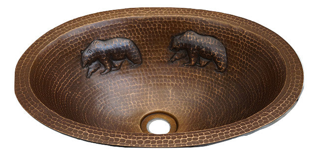 Handmade Oval Copper Sink with Flat Edge - Bear Design Farmhouse Kitchen Sink - Perfect for Rustic Bathroom Vanity or Country Style Kitchen Decor