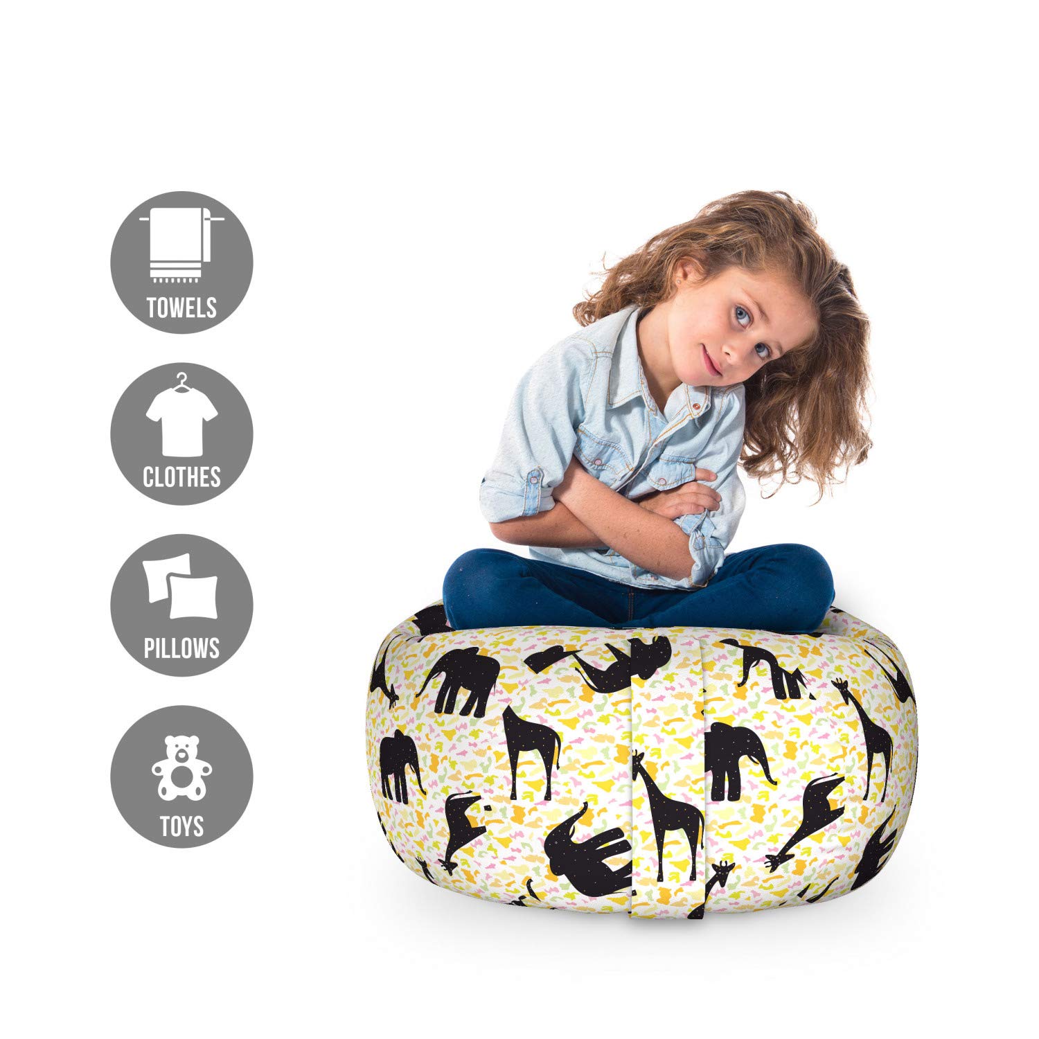 Ambesonne Giraffe Pattern Toy Storage Bag Chair - Cartoon Giraffes & Elephants Design on Spotty Background, Washable Stuffed Animal Organizer for Kids Room, Small Multicolor - Perfect for Nursery, Playroom & Bedroom Organization