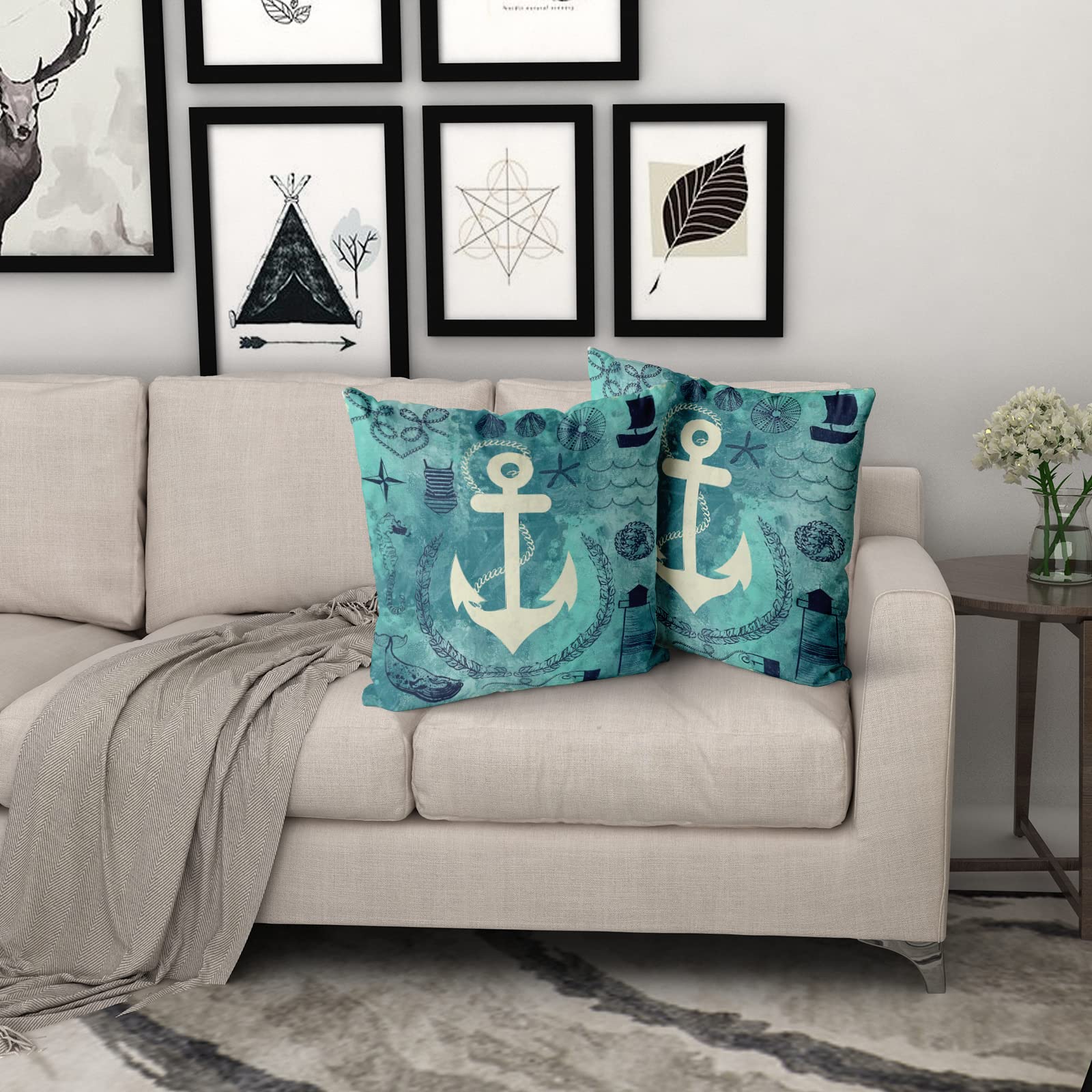 2PCS White Anchor Pillow Cases 18x18 Inch - Nautical Blue Throw Pillow Covers for Couch, Sofa, Bed - Boat Theme Decorative Cushion Covers for Bedroom, Living Room & Outdoor Use - Set of 2 Home Decor Accents