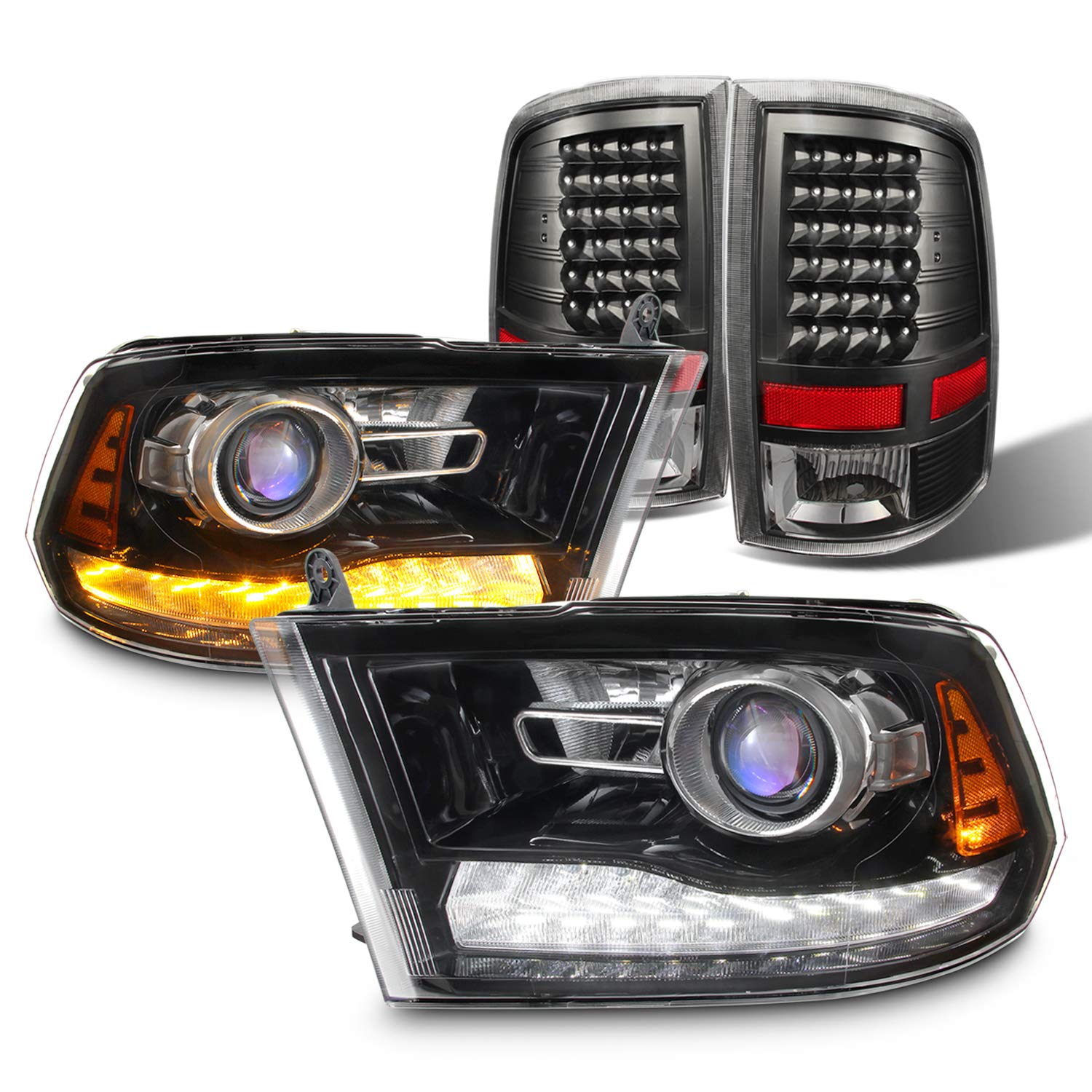 AKKON LED Headlights & Taillights for Dodge Ram 2009-2018 - Black DRL Projector Headlights with LED Brake Lamps - Upgrade Your Truck's Style & Night Visibility for Off-Roading & Daily Driving