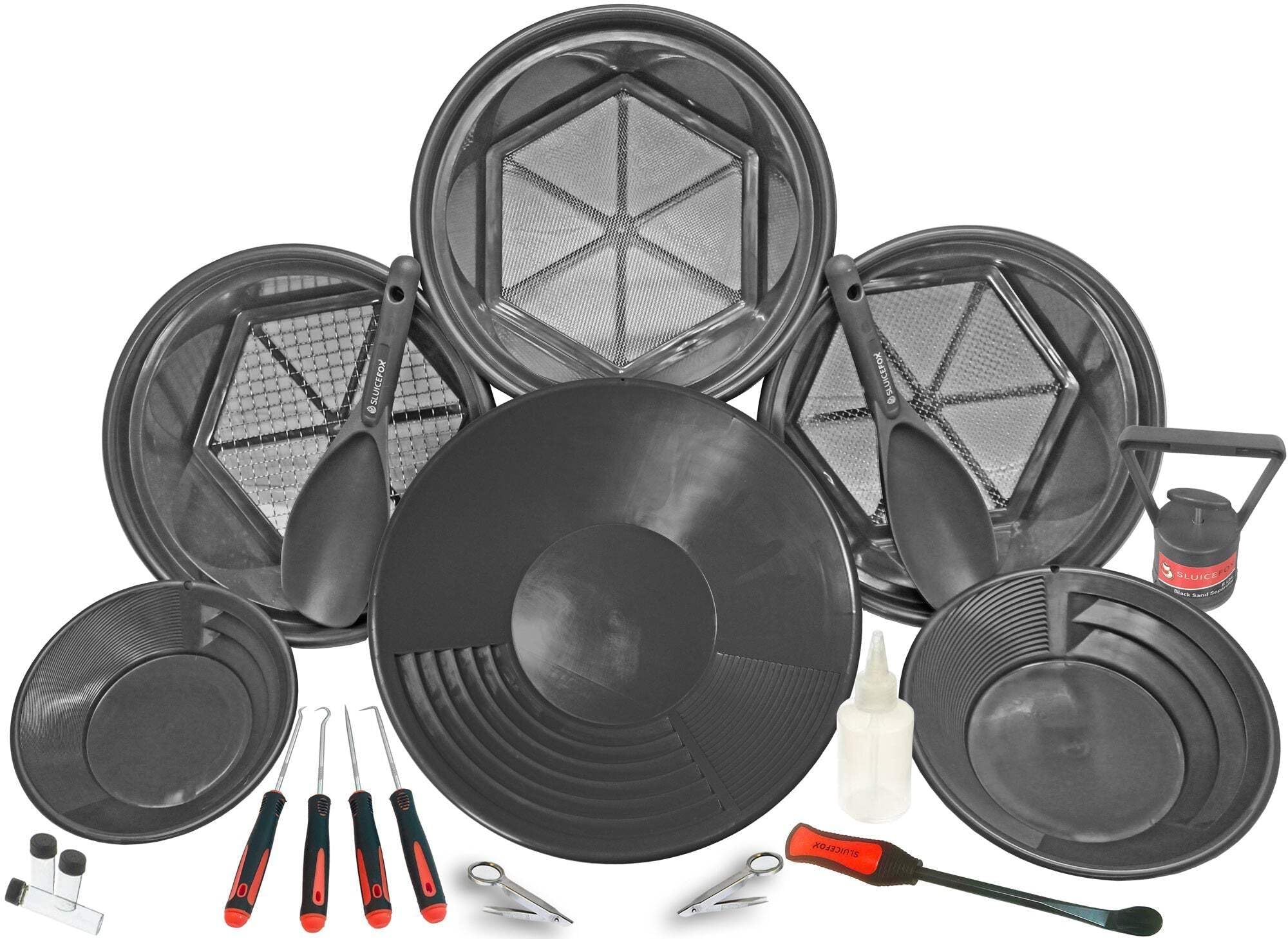 **Sluice Fox Gold Panning Kit - 3 Classifiers, Stacking Sifting Pans, Huntley Spoon, Gold Crevice Tools, Paydirt Scoop, Black Sand Magnet Separator & Gold Vials - Perfect for Gold Prospecting, Mining & Outdoor Adventures**
