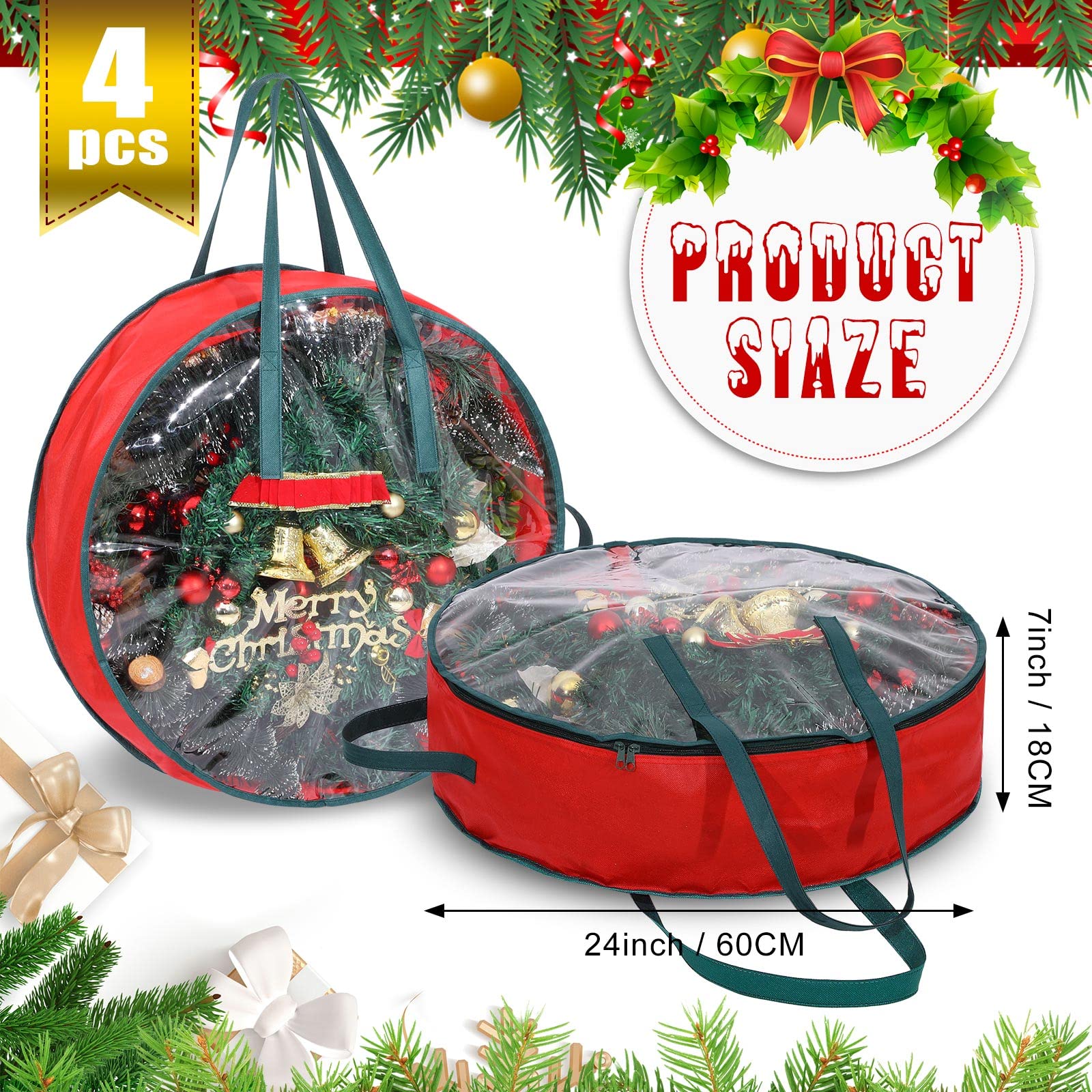 Shappy 4-Piece Clear Christmas Wreath Storage Bags with Handles & View Window - 24 Inch Holiday Decoration Organizer for Xmas Garlands, Wreaths & Seasonal Decor - Perfect for Attic, Basement & Closet Organization