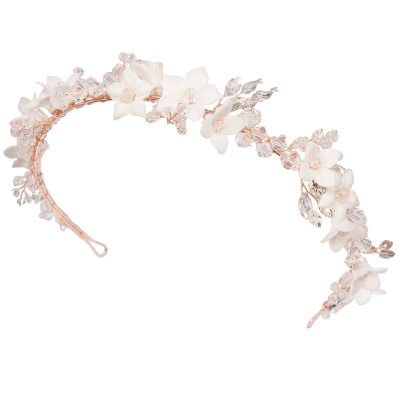 Rose Gold Floral Wedding Headband with Crystals - Elegant Bridal Hair Accessory for Weddings, Prom, and Special Occasions