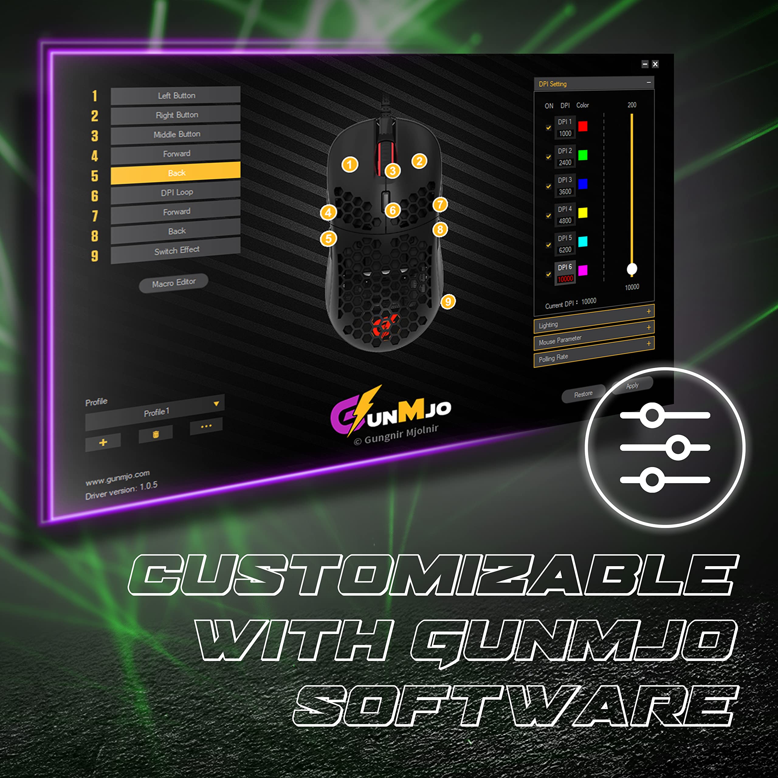 GUNMJO RGB Honeycomb Wired Gaming Mouse - 9 Programmable Buttons, 10,000 DPI, Lightweight Ergonomic Design for PC Gamers - Perfect for FPS, MOBA & Esports (Black)