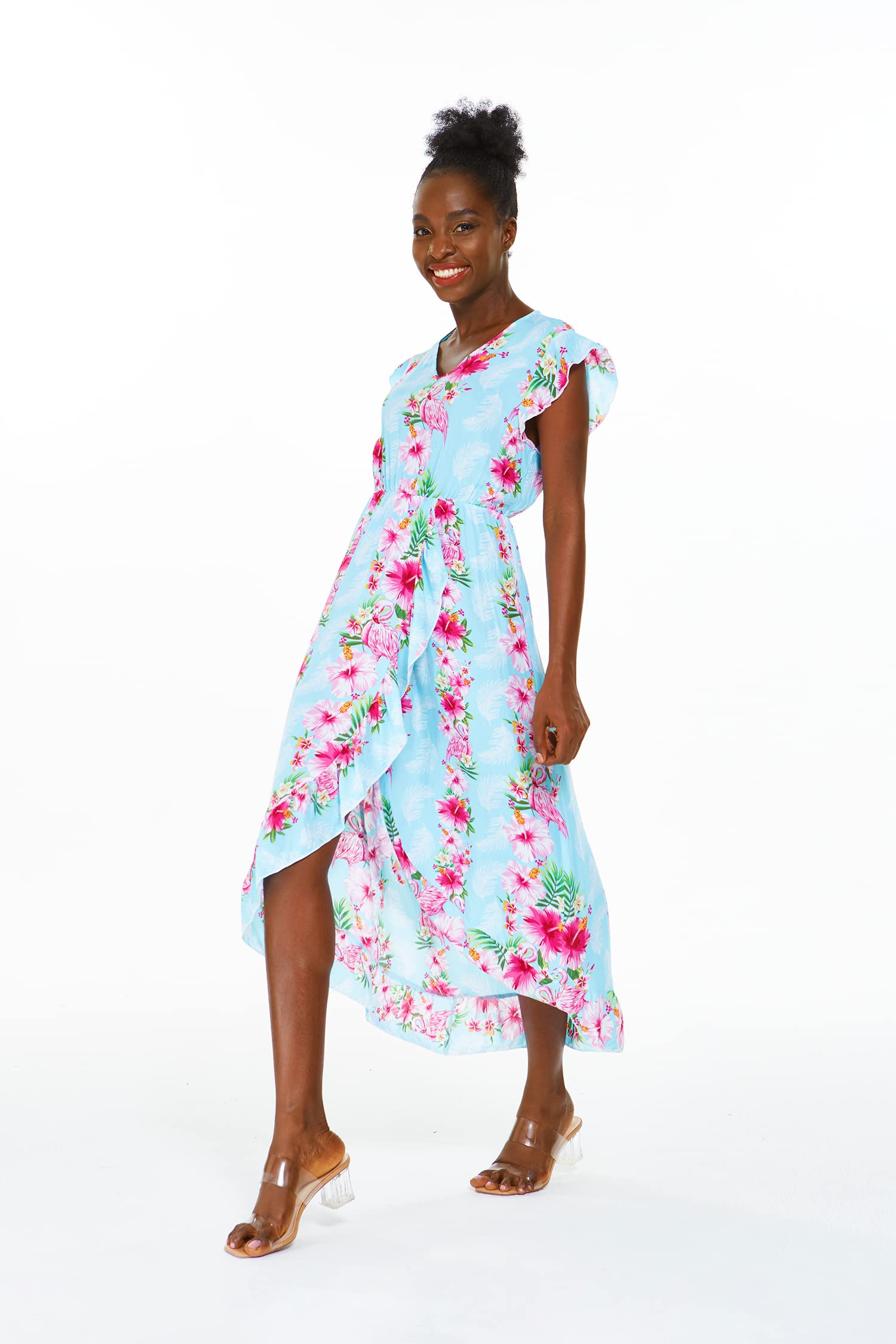 Hawaiian Luau Wrap Ruffle Dress for Women - Floral Hibiscus Vine Print - Perfect for Beach Parties, Summer Vacations & Tropical Getaways