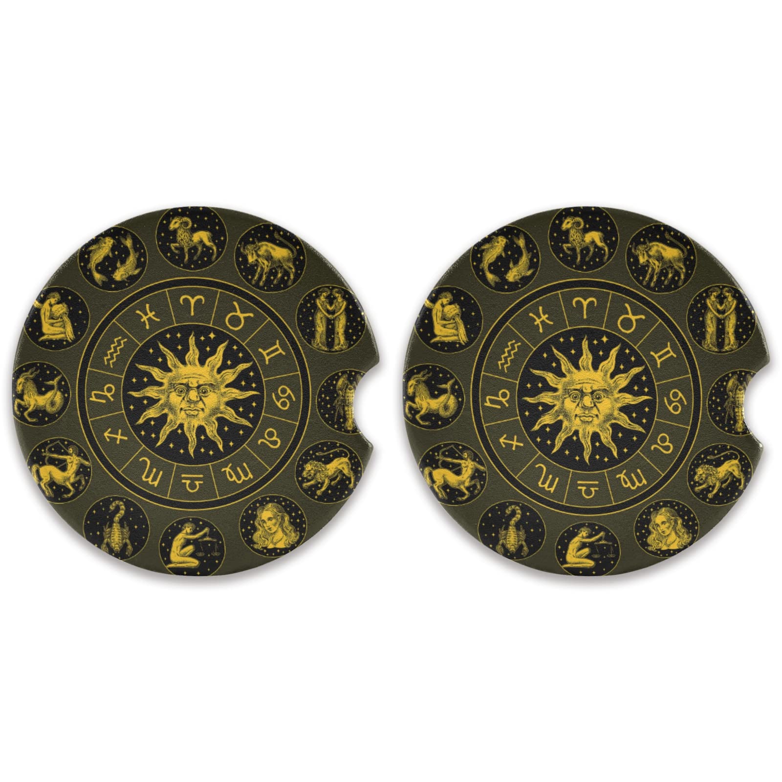 2PCs Gold Zodiac Wheel Astrology Horoscope Car Coasters Set with Sun & Star Signs - Round Absorbent Cup Mats with Cork Back & Finger Slot for Easy Removal - Perfect Mug Protector for Cars, Office & Home Use