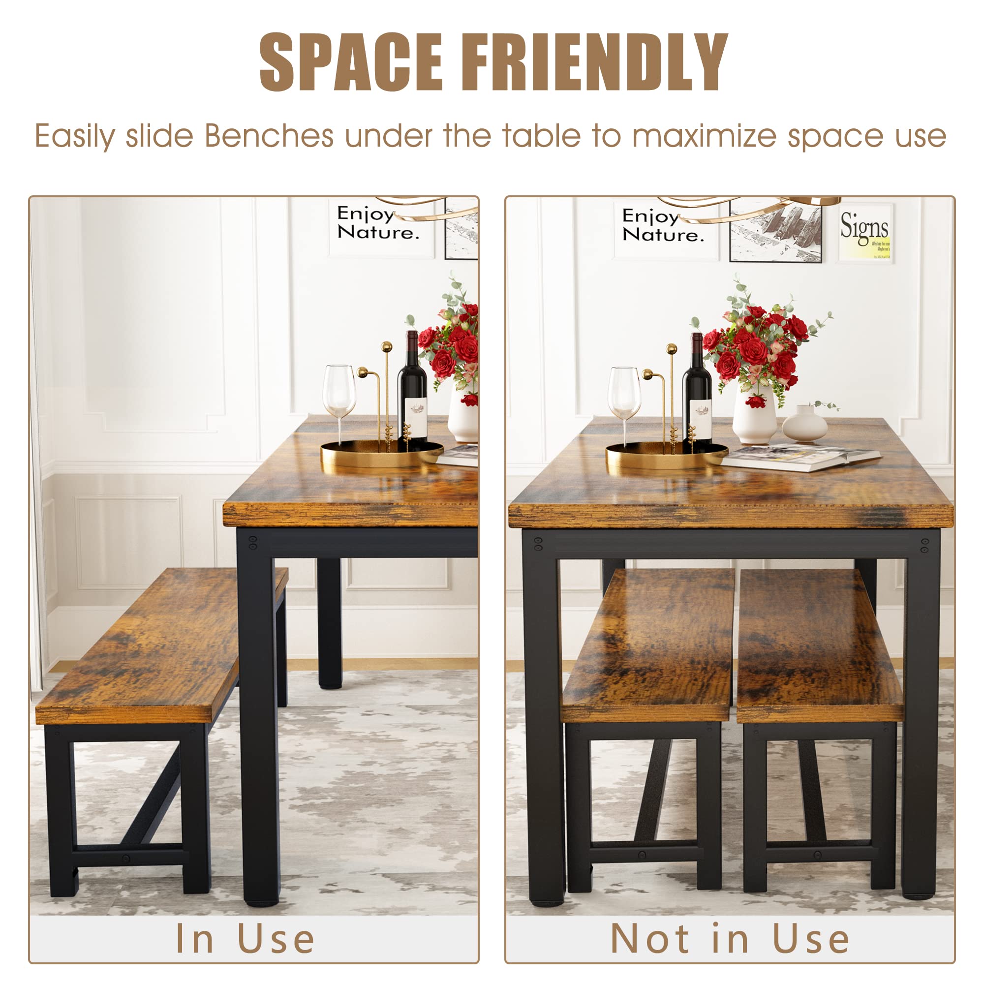 Hooseng 4-Piece Dining Table Set with 2 Benches - 47 Inch Space-Saving Kitchen Table & Chairs for Small Families - Heavy Duty Sturdy Metal Frame in Brown - Perfect for Breakfast Nooks, Small Apartments & Cozy Dining Spaces