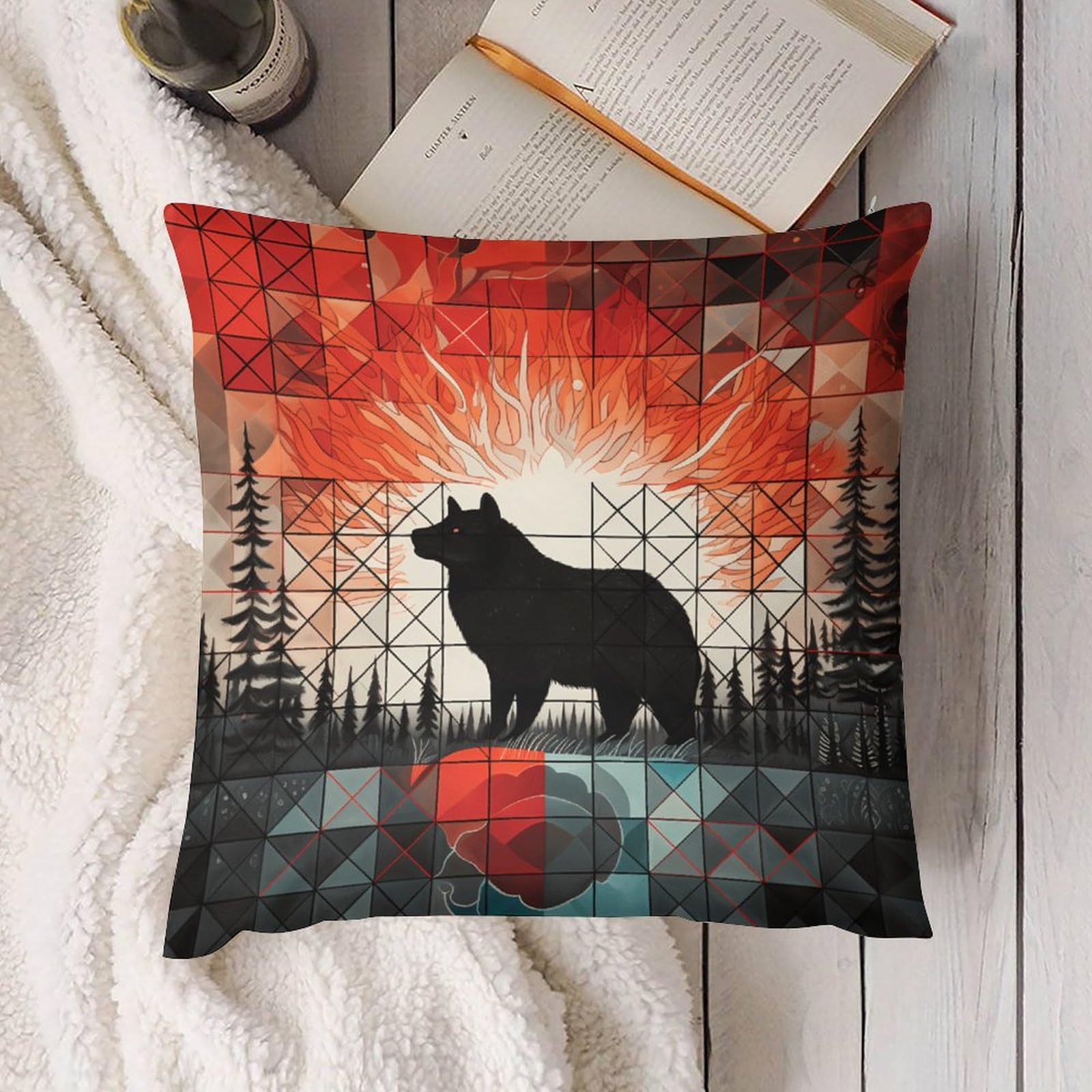 ITFRO Set of 2 Bear & Deer Plush Throw Pillow Covers - 18x18 Inch Retro Forest Animal Farmhouse Decor for Sofa, Bed, Living Room - Nature Wildlife Bonfire Pine Tree Design - Perfect for Rustic Cabin, Lodge & Cozy Home Decor