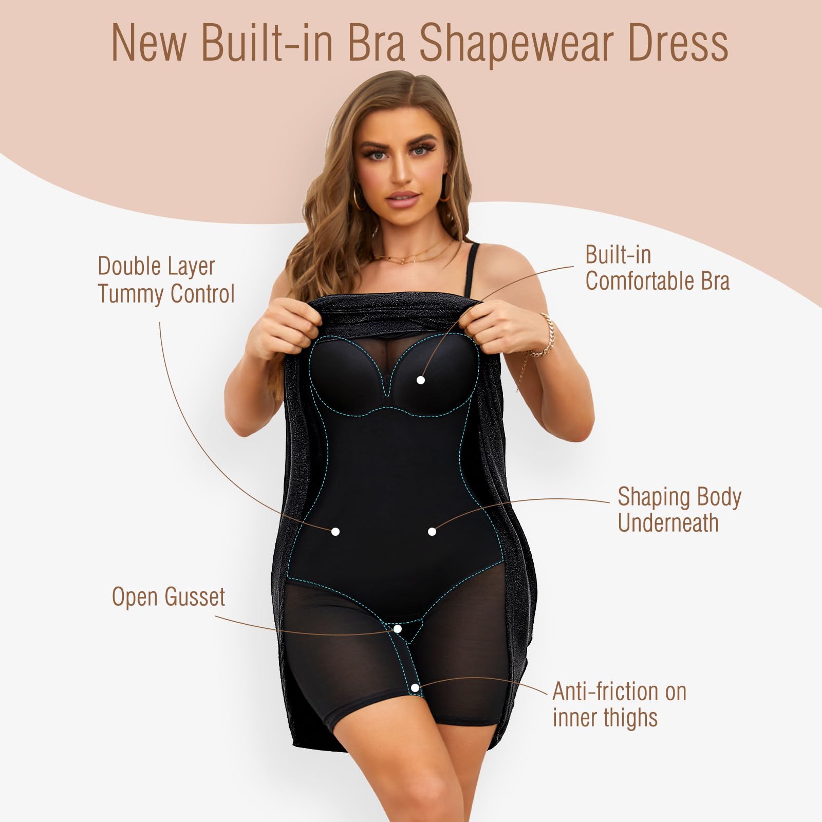 Elegant Women's Wedding Guest Shapewear Dress with Built-in Bra - Layered Formal Spaghetti Strap Backless Bodycon Slip Dress for Parties, Cocktail Events & Special Occasions
