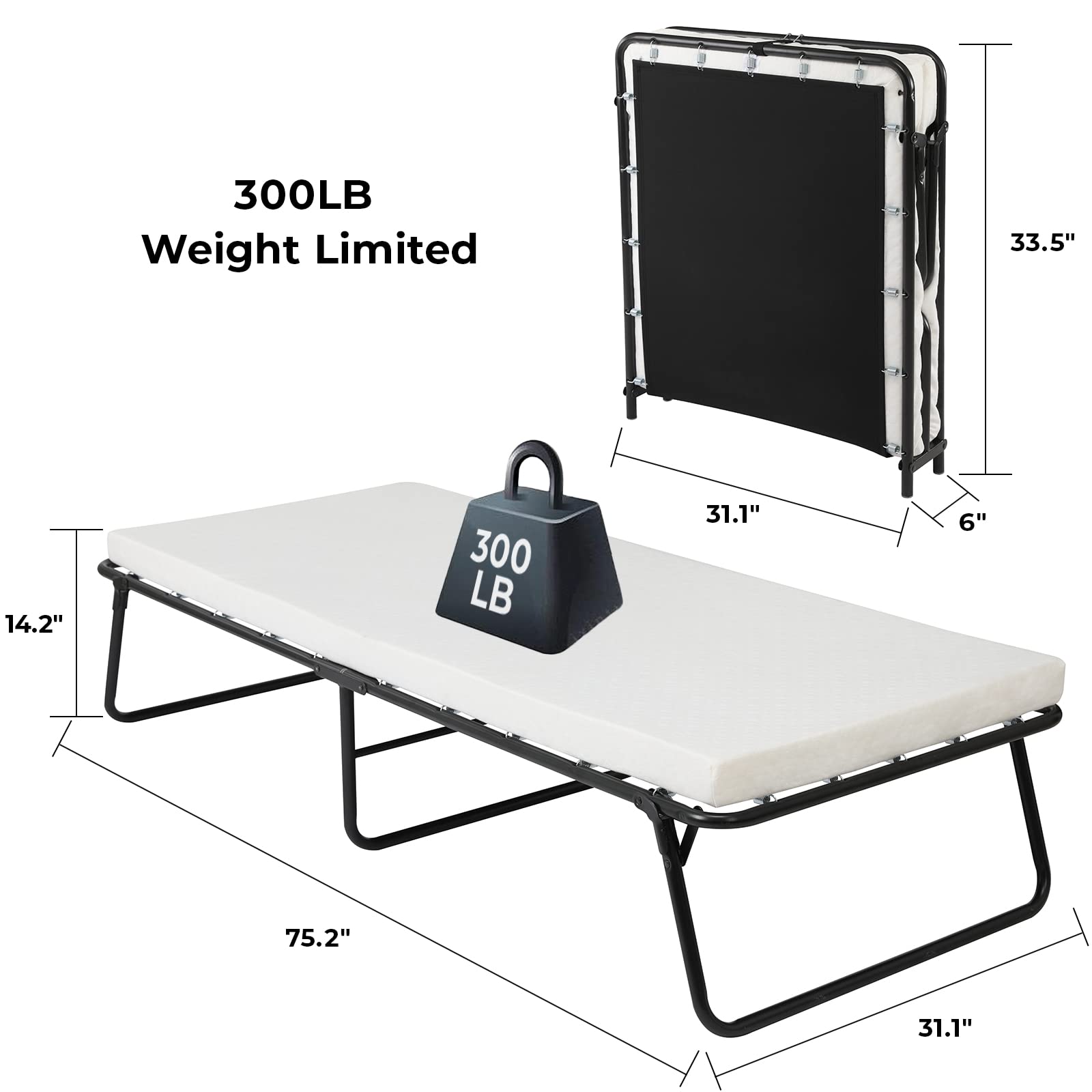 LIFERUN Folding Bed with Memory Foam Mattress - 75