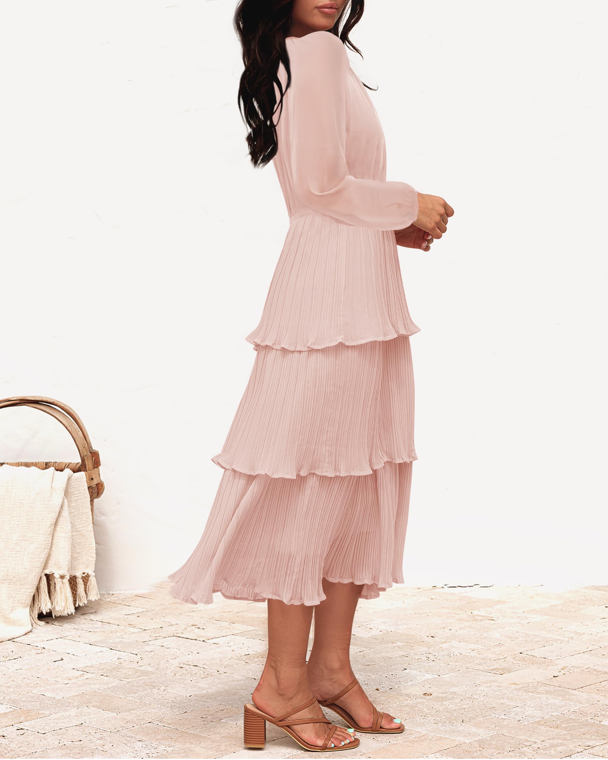 ZESICA Women's 2025 Long Sleeve Chiffon Dress with Ruffle Tiered Layers - Elegant Crew Neck Swing Midi Dress for Party, Wedding & Special Occasions