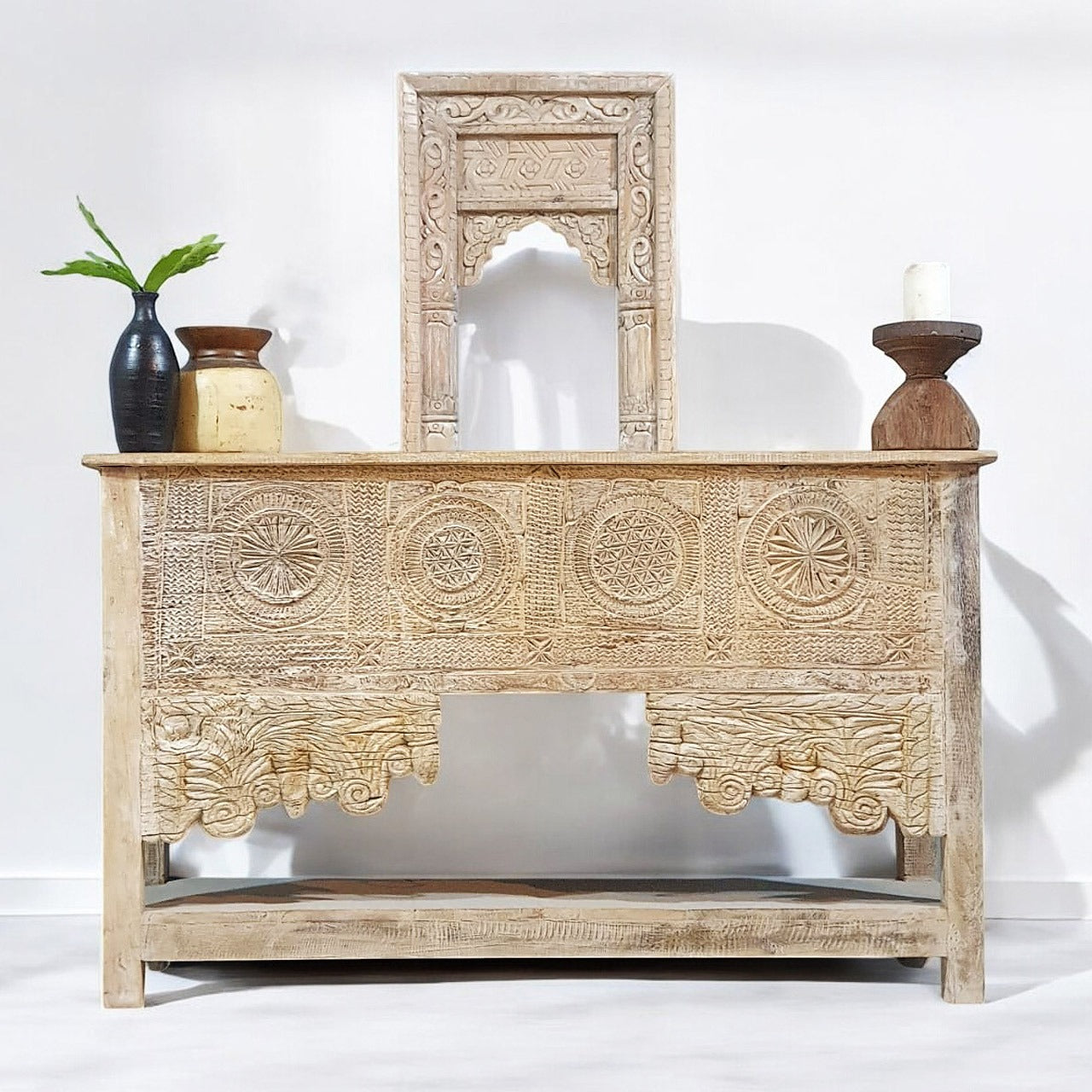 Handmade Carved Solid Hardwood Console Table 152x45x92cm Whitewashed - Entryway Sofa Table, Hallway Furniture, Farmhouse Living Room Decor