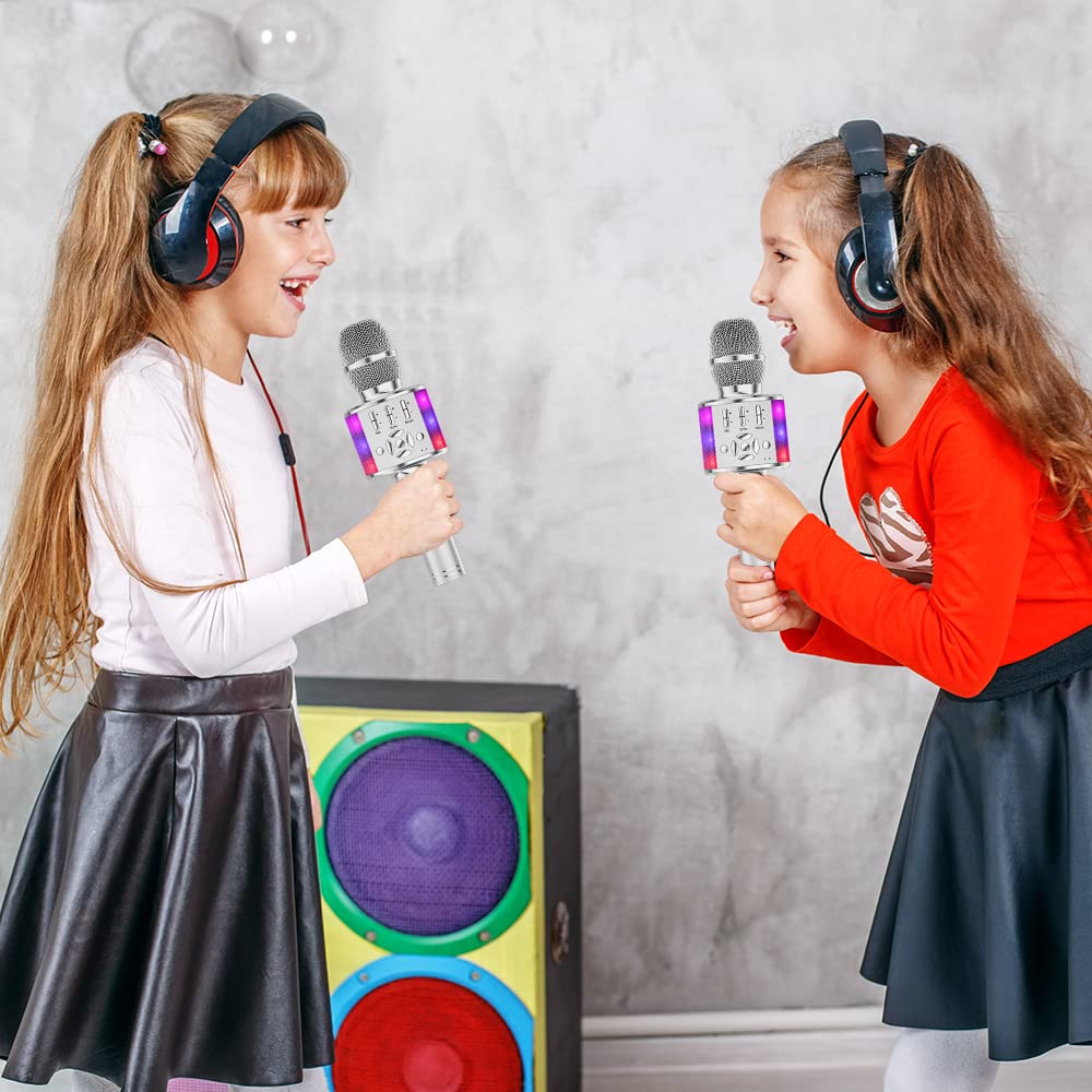 Amazmic Kids Karaoke Microphone - Bluetooth Wireless Portable Singing Machine with LED Lights, Microphone Toy for Children & Adults - Perfect for Birthday Parties, Home KTV, Travel & Family Fun (Silver)
