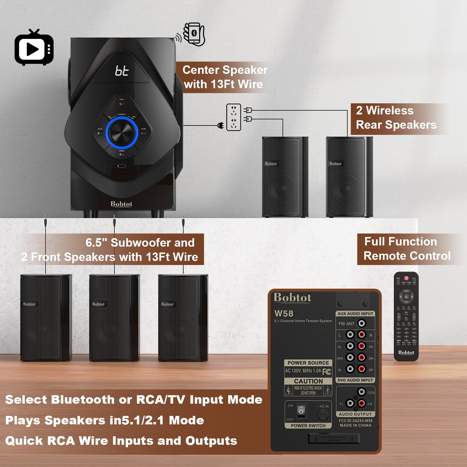 Bobtot 800W 6.5inch Wireless Home Theater System with Subwoofer - 5.1/2.1 Channel Surround Sound, HDMI ARC, Optical & Bluetooth for Movies, Gaming & Music Streaming