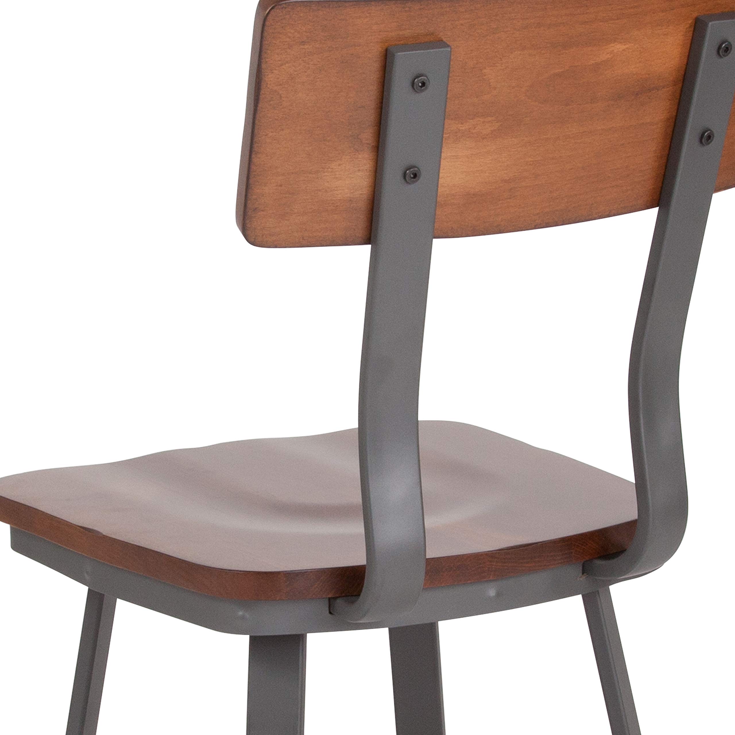 EMMA + OLIVER Rustic Walnut Dining Chair with Wood Back & Seat, Gray Metal Frame - Perfect for Farmhouse Kitchen, Dining Room & Restaurant Decor