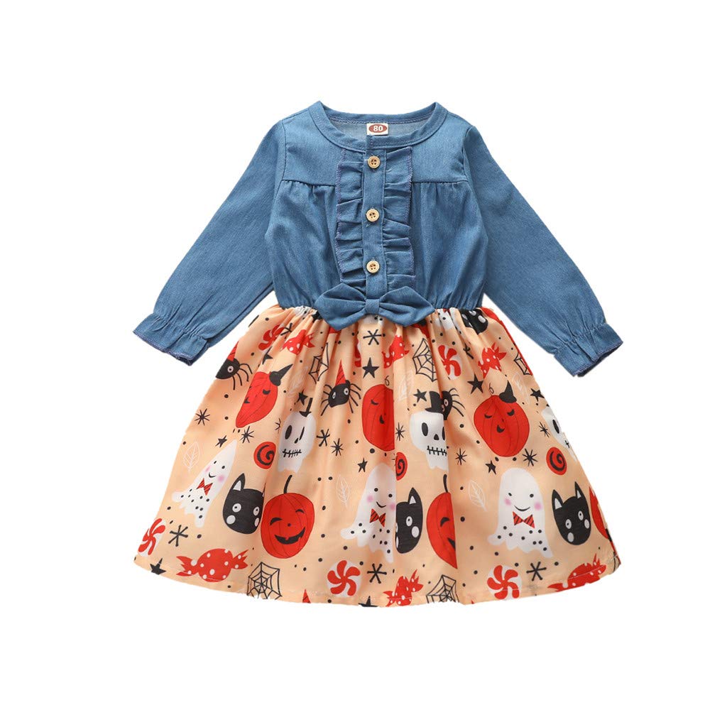 **Toddler Flower Girl Dress - Cute Pumpkin Print Denim Princess Outfit for Baby Girls | Halloween, First Birthday & Special Occasions**    (优化点：   1. 关键词前置，突出