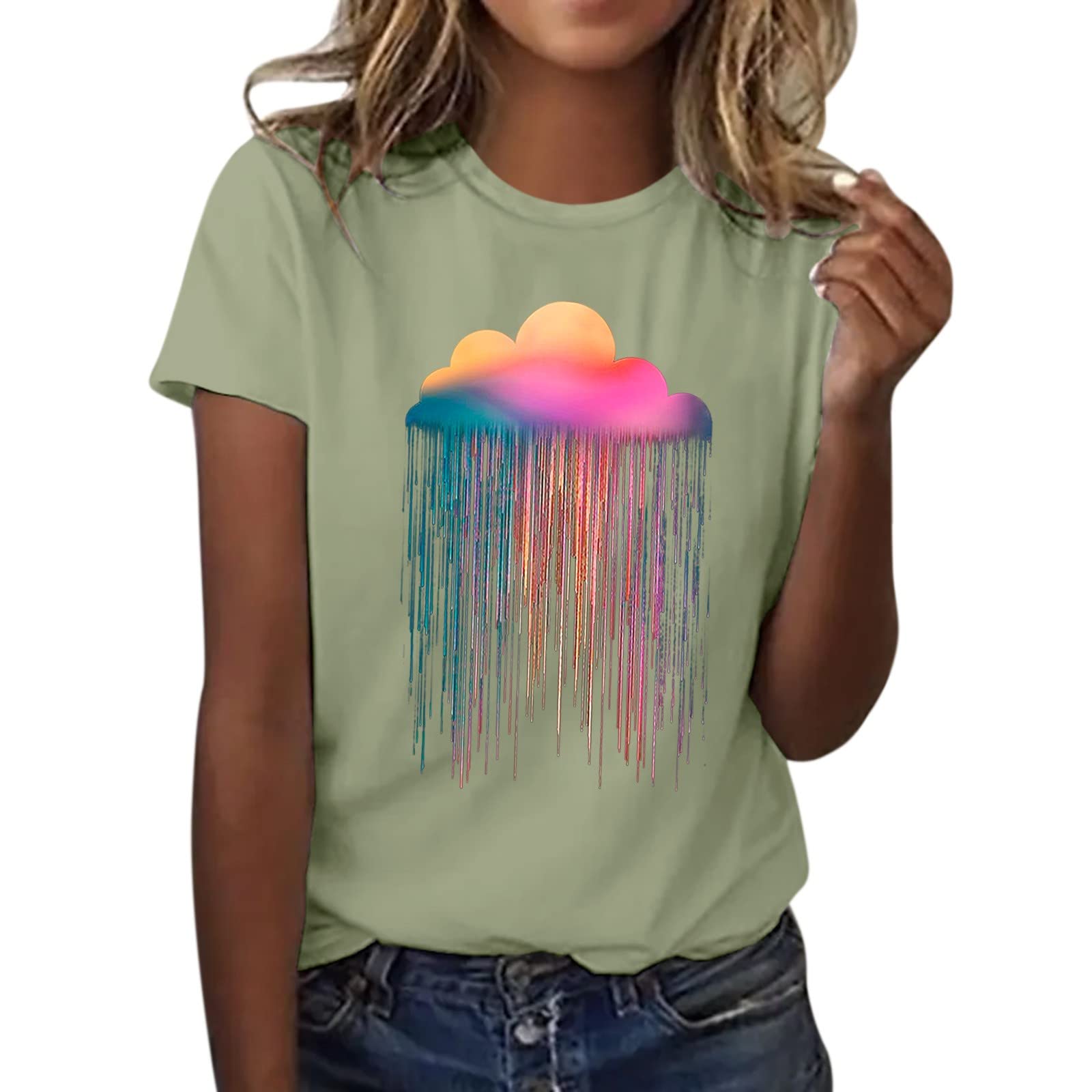 Women's Casual Rainbow Print Short Sleeve Round Neck T-Shirt - Summer Lace Top for Dressy & Everyday Wear | Perfect for Beach Outings, Date Nights & Casual Weekends