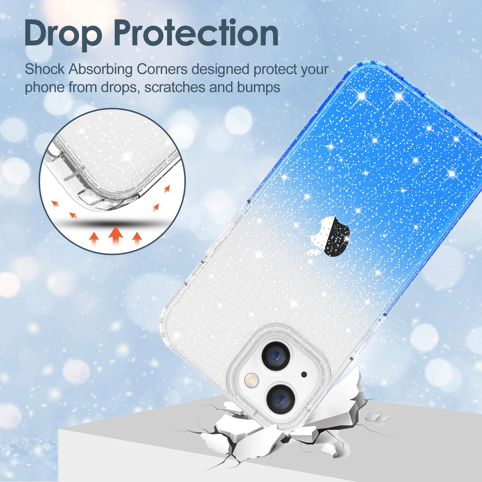 Hython Sparkly Glitter Case for iPhone 14 Plus - Cute Clear Shiny Bling TPU Cover with Gradient Blue Design | Anti-Scratch, Shockproof & Slim Fit Protective Phone Case for Women & Girls | Perfect for Parties, Daily Use & Gift Giving