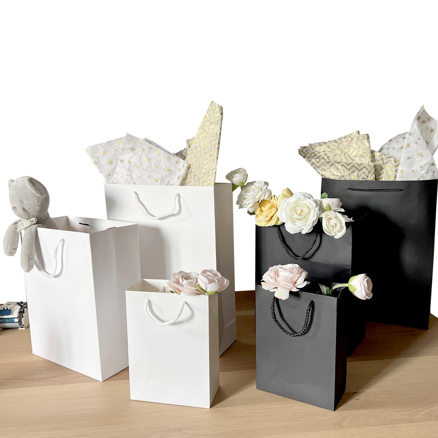 AMROSE 12 Pack Assorted Gift Bags Set with Tissue Paper - Small, Medium & Large Recyclable Paper Gift Bags for Birthdays, Parties, Mother's Day, Weddings | Perfect for Gift Wrapping, Party Favors, Holiday Presents & Special Occasions