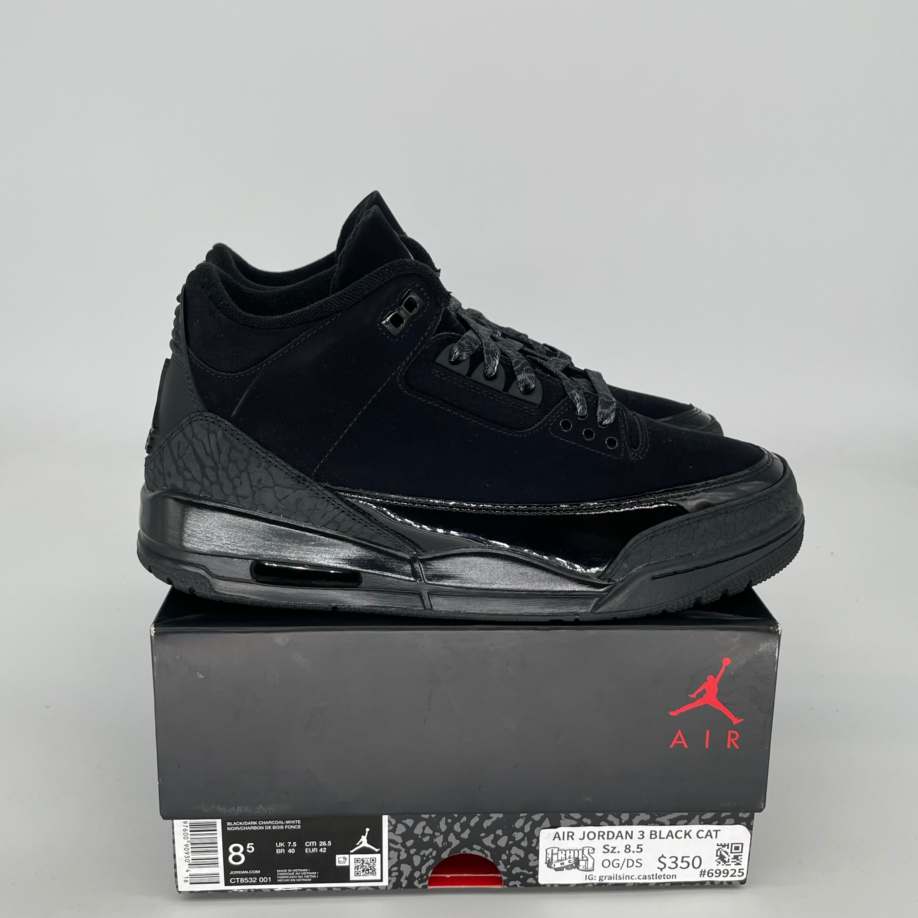 Original Air Jordan 3 Retro 'Black Cat' Men's Basketball Shoes Size 8.5 (CT8532-001) - Stylish Sneakers for Streetwear & Casual Outfits