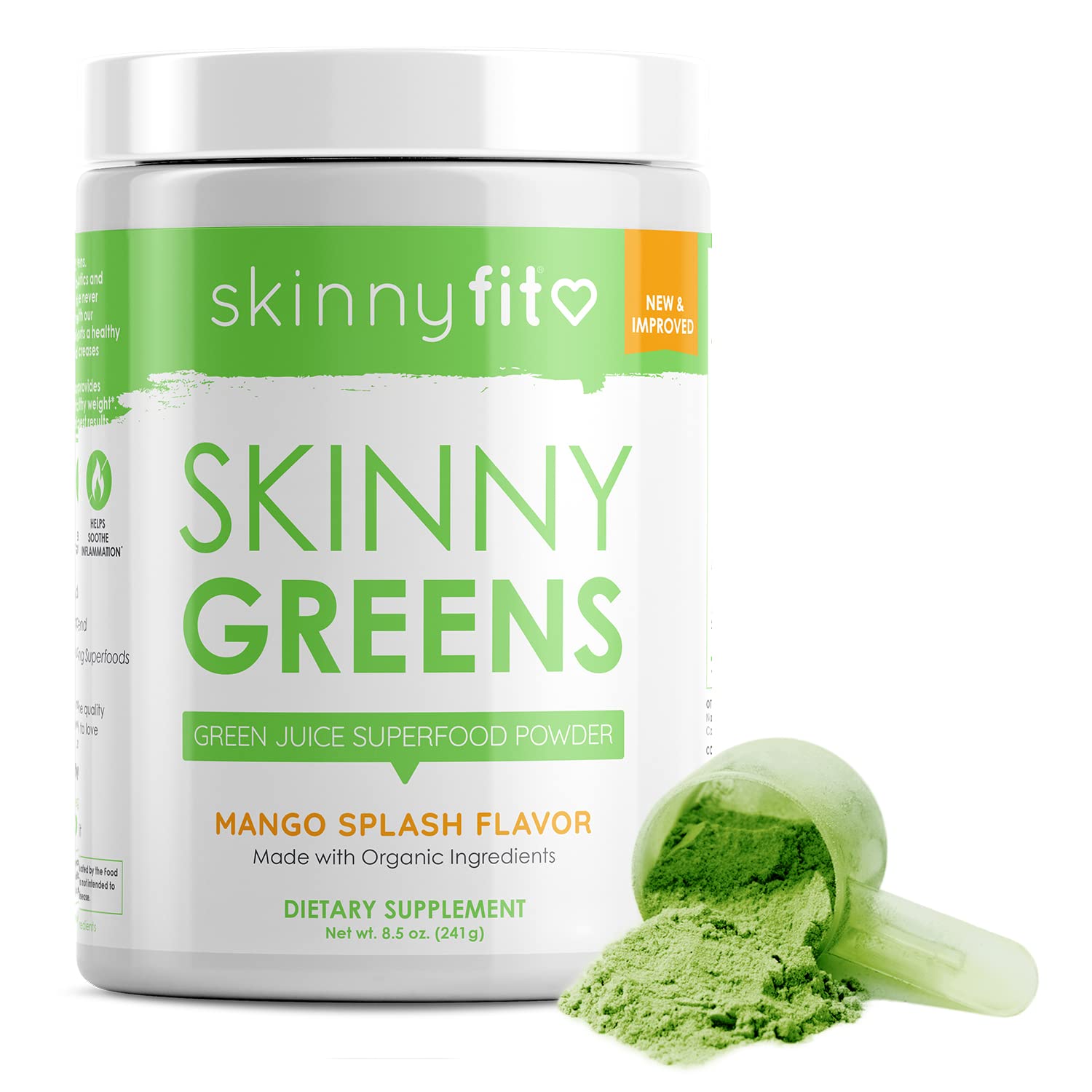 SkinnyFit Mango Splash Skinny Greens Superfood Powder - Natural Energy & Focus Booster with Spirulina & Chlorella, Reduces Bloating, 30 Servings - Perfect for Smoothies, Detox & Daily Wellness Routine