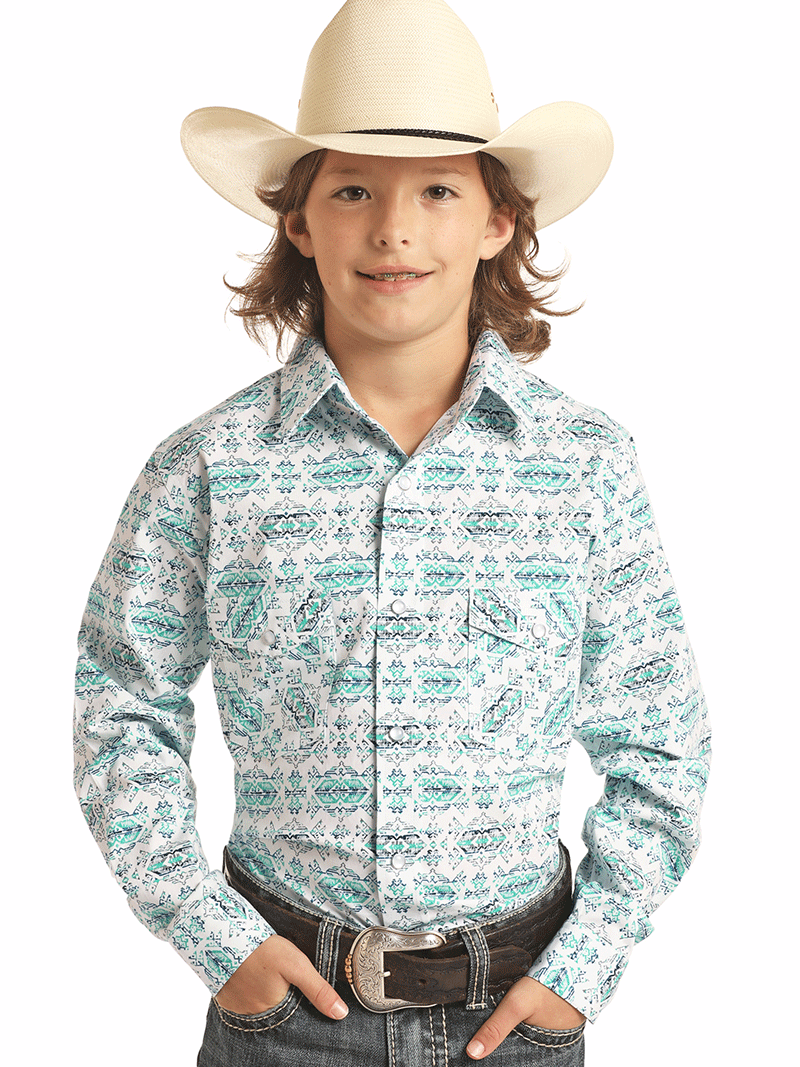 Panhandle R2S3254 Boys' Long Sleeve Snap Button Shirt in Turquoise - Perfect for School, Playdates & Special Occasions