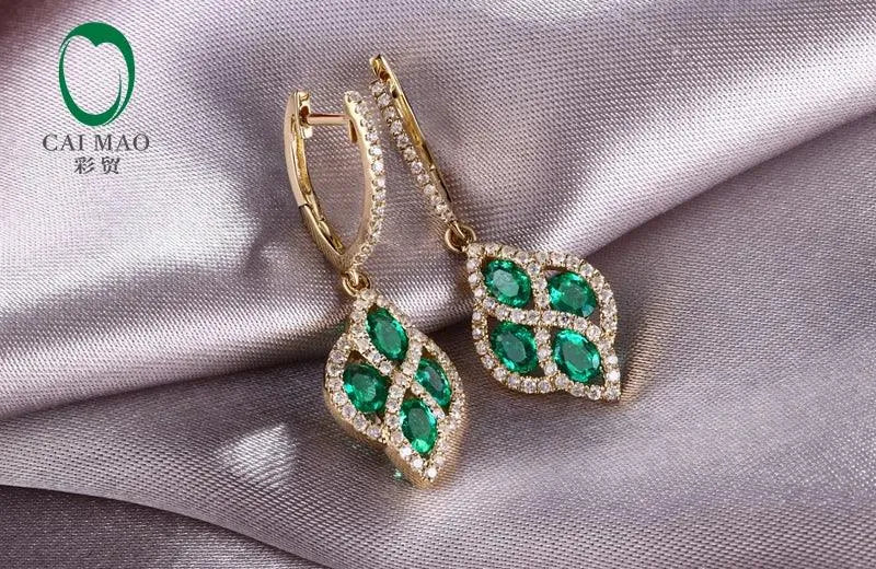 14K Yellow Gold Natural Emerald & Diamond Drop Earrings for Women - Romantic Anniversary & Engagement Jewelry Gift - Perfect for Weddings, Parties & Special Occasions