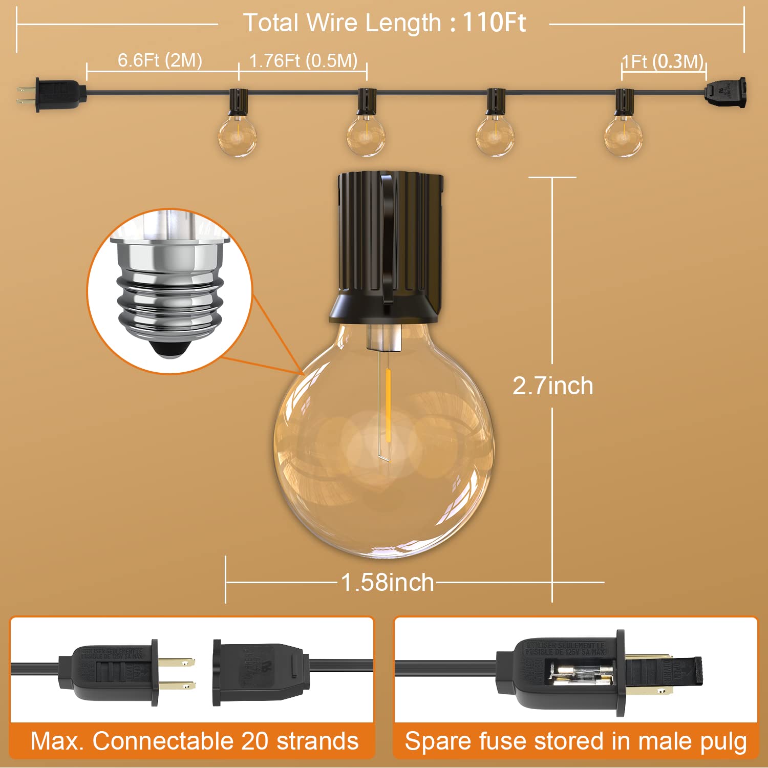 OHLUX 110FT Outdoor String Lights - 58 G40 Shatterproof 2200K Dimmable LED Bulbs (Includes 2 Spare) - Waterproof Hanging Lights for Backyard, Patio, Deck, Porch, Cafe - Perfect for Outdoor Parties, Weddings & Evening Ambiance (110FT*1 Strand)
