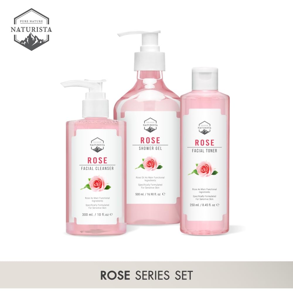 NTRT Rose Skincare Set - 250ml Rose Facial Toner, 300ml Rose Facial Cleanser & 500ml Rose Shower Gel for Hydration & Glow - Perfect for Daily Face & Body Care Routine