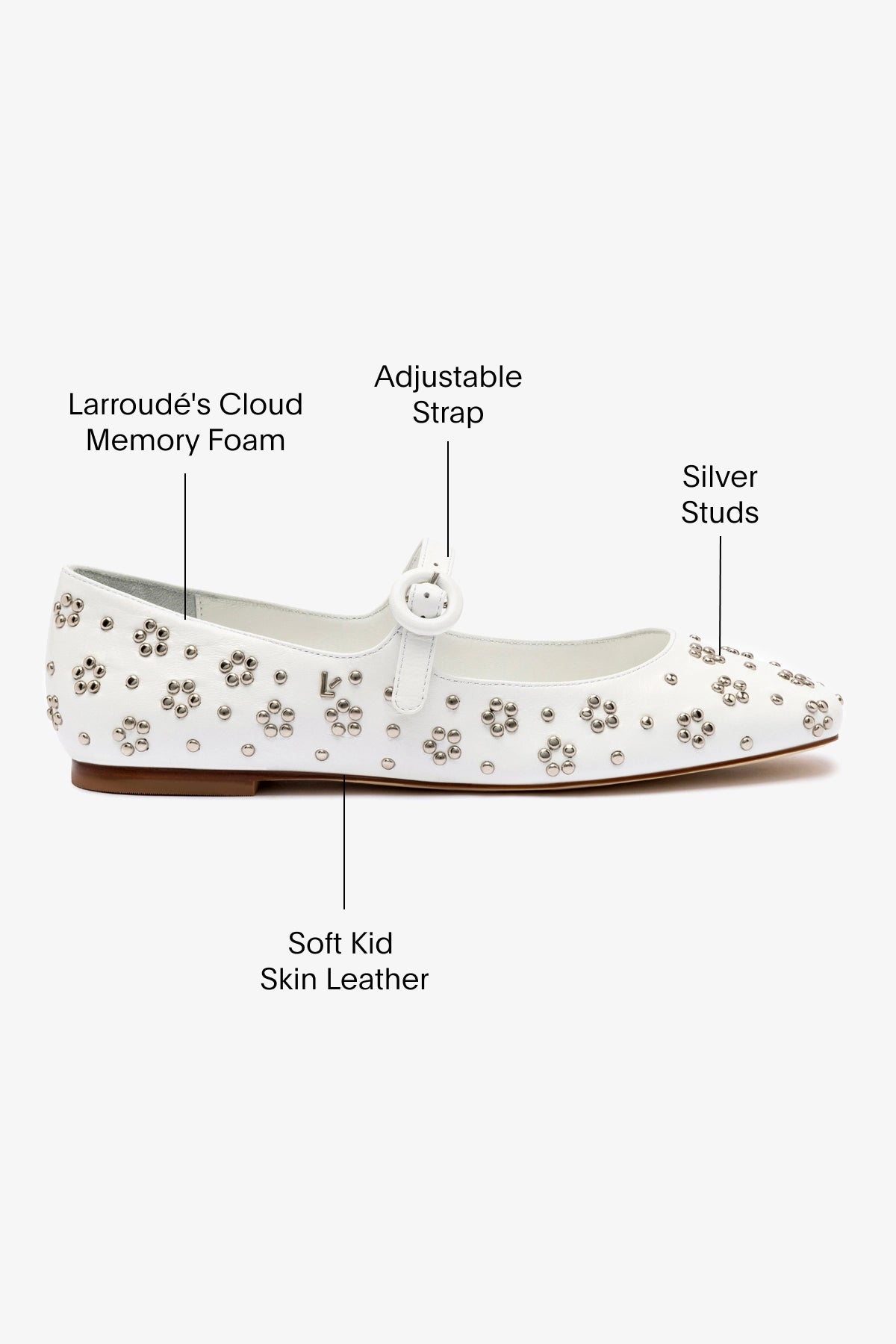 Blair Women's White Leather Ballet Flats with Metallic Studs - Comfortable & Stylish Shoes for Work, Casual Wear & Dance