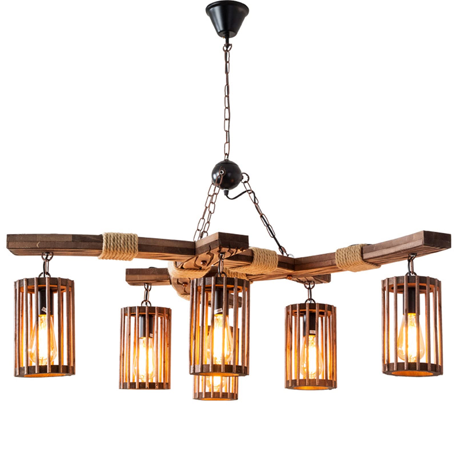 Vintage 6-Light Industrial Wooden Hanging Chandelier - Adjustable Height Black Metal Farmhouse Pendant Light with Wood Lampshade for Kitchen Island, Dining Room, Bar, Pool Table & Living Room Ceiling Lighting