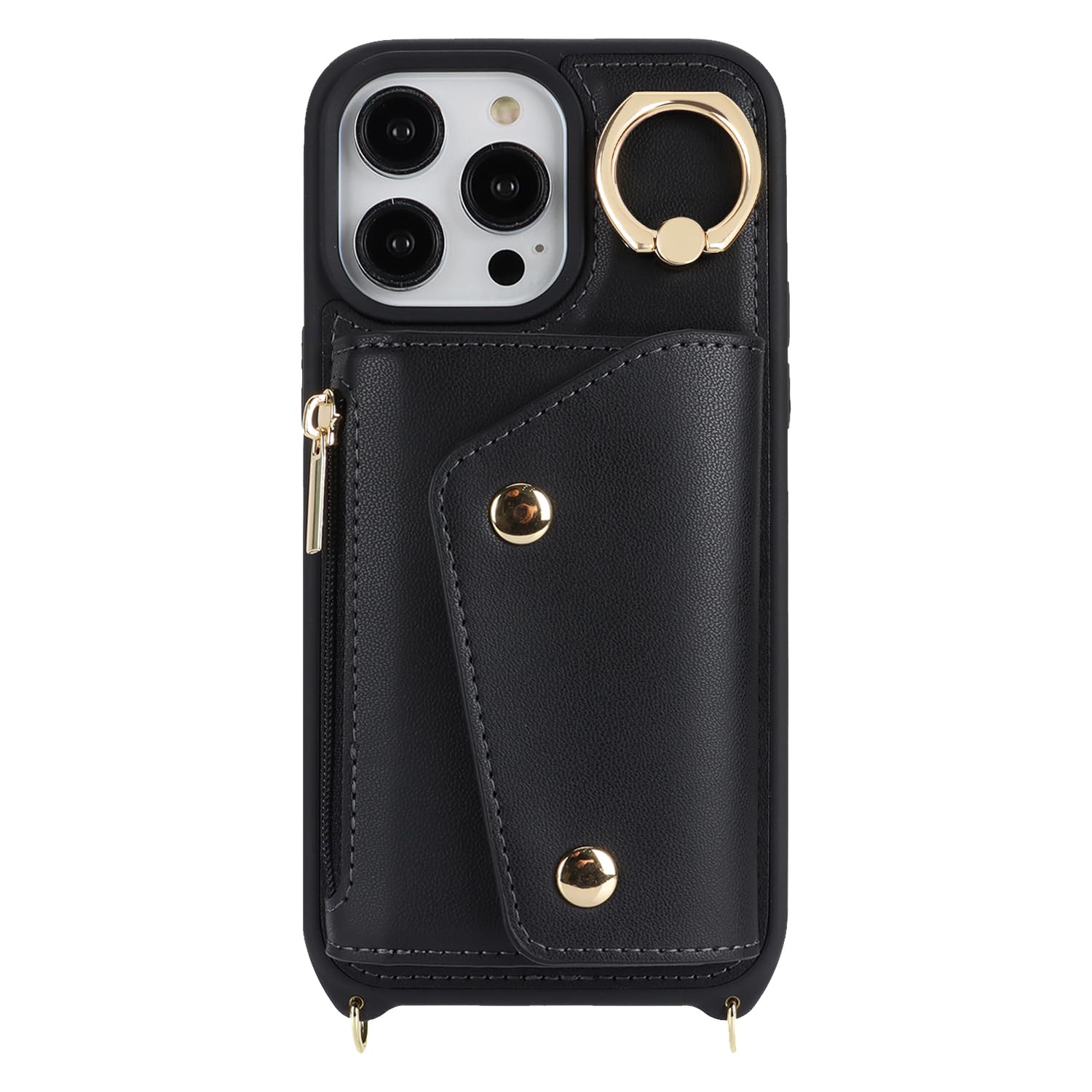 Premium iPhone 15 Pro Case with Card Holder & Crossbody Strap - 6.1 Inch Wallet Phone Case Featuring Zipper Pocket, Stand Ring & Credit Card Slots (Black) - Perfect for Women's Daily Use, Travel, Shopping & Hands-Free Convenience