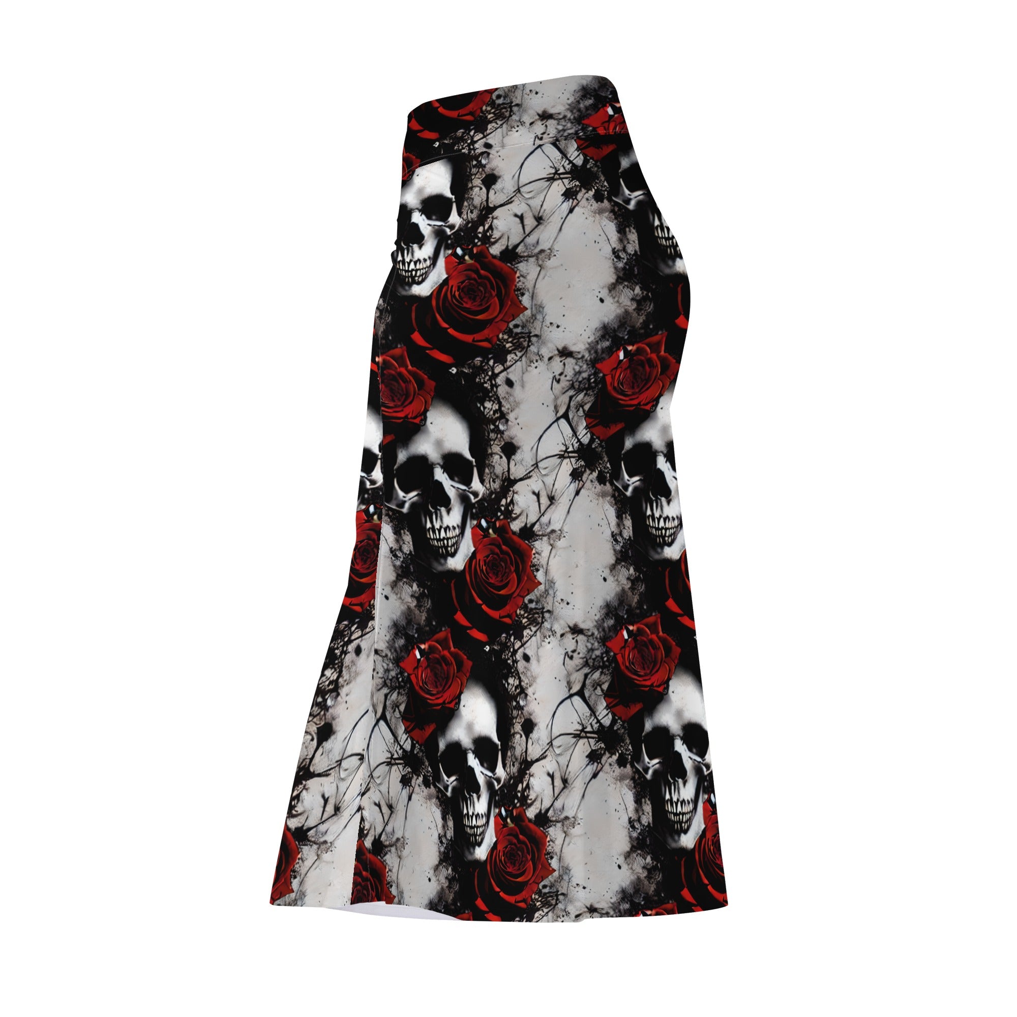 Gothic Skull and Rose Splatter Print Long Skirt for Women | Vintage Punk Rock Fashion | Perfect for Halloween, Concerts, and Gothic Parties