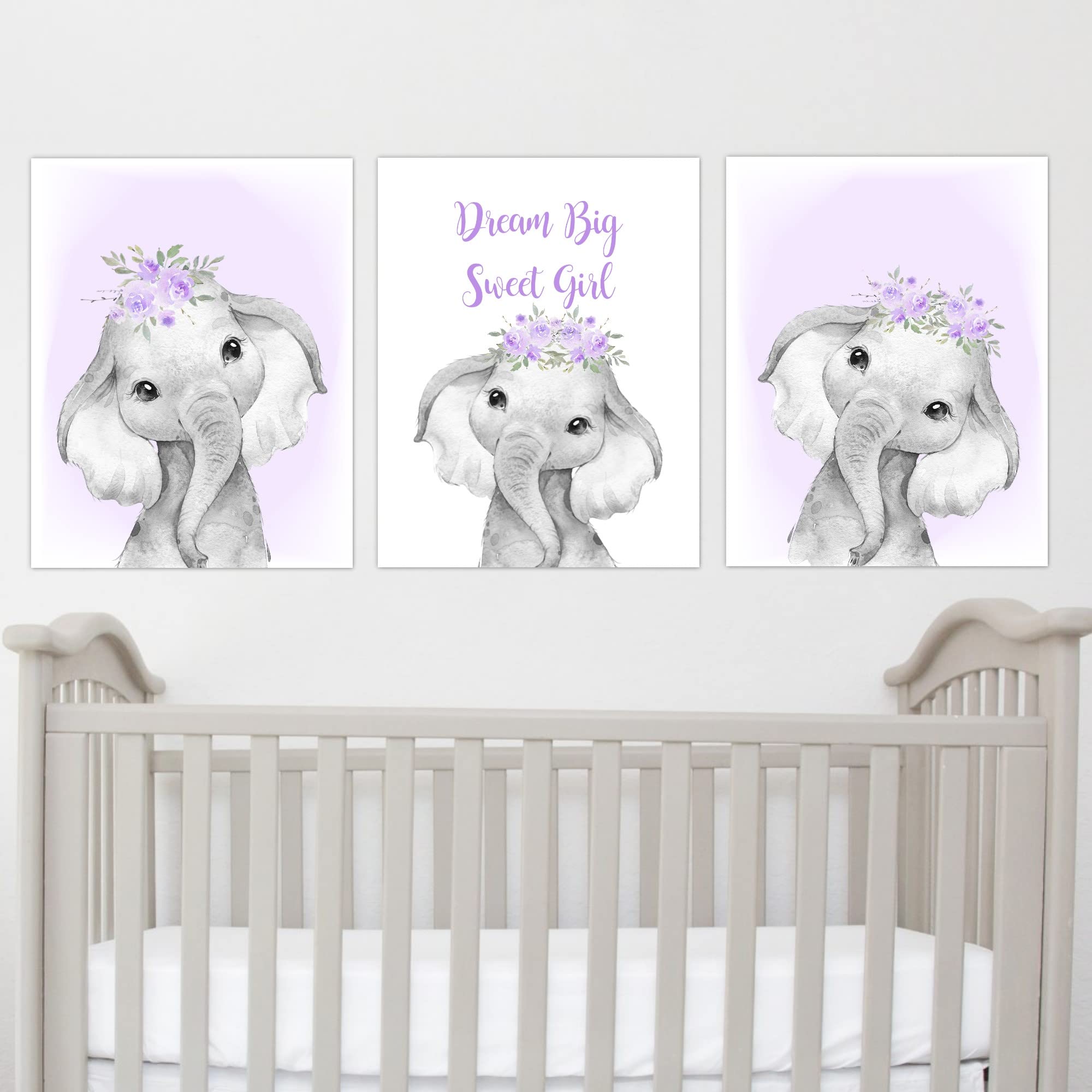 Purple Elephant Nursery Art - Dream Big Flowers Wall Decor for Baby Girl Room